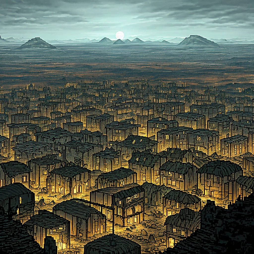 "Aerial view of a ruined village, post-apocalyptic and full of unknown creatures. The night is dark and horror reigns in the empty streets.", pixelated style, dusk
