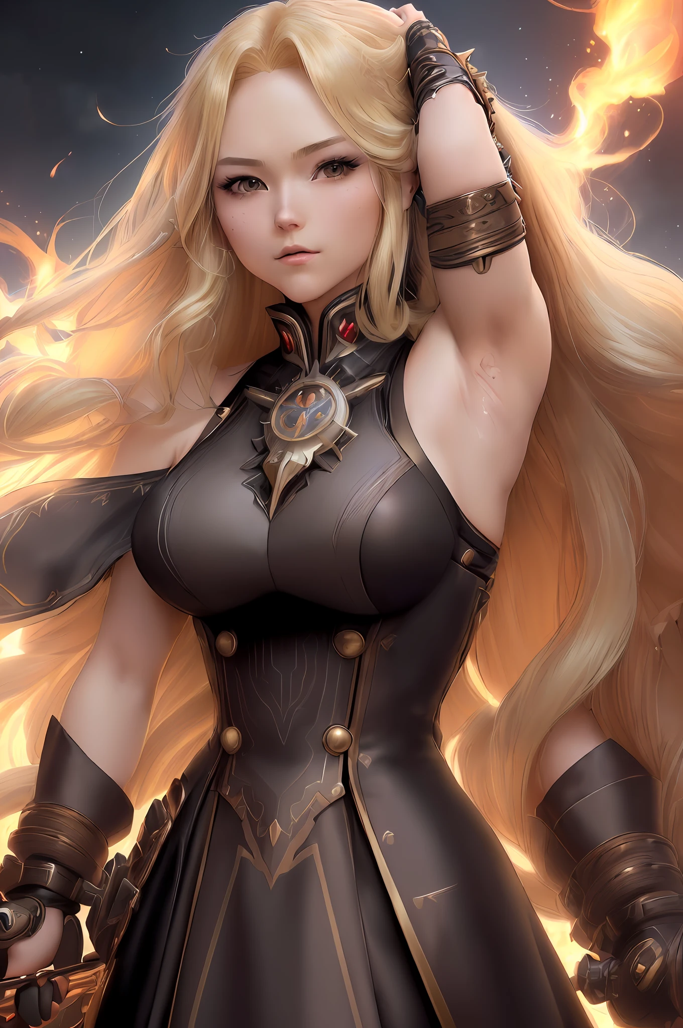 ((extremely detailed artgerm+a woman with long blonde hair:1.3+anime:1.2+sorcerer:1.2+RPG science fiction, distopic future),best quality,hair blowing,dynamic, high res, 4k, fire magic, black high tech outfit, armpit the show, penetrating look), empress