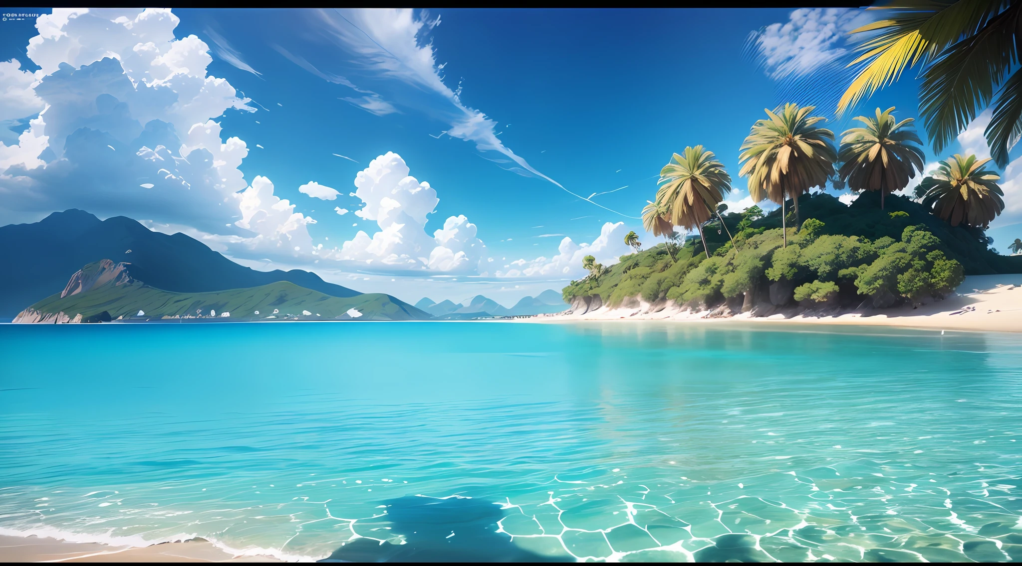 Summer, seaside, island, clear water, blue gradient water, transparent water, island, coconut palm, paradise, large clouds, blue sky, hot weather, HD detail, hyper-detail, cinematic, surrealism, soft light, deep field focus bokeh, distant snow mountains, ray tracing, and surrealism. --v 6