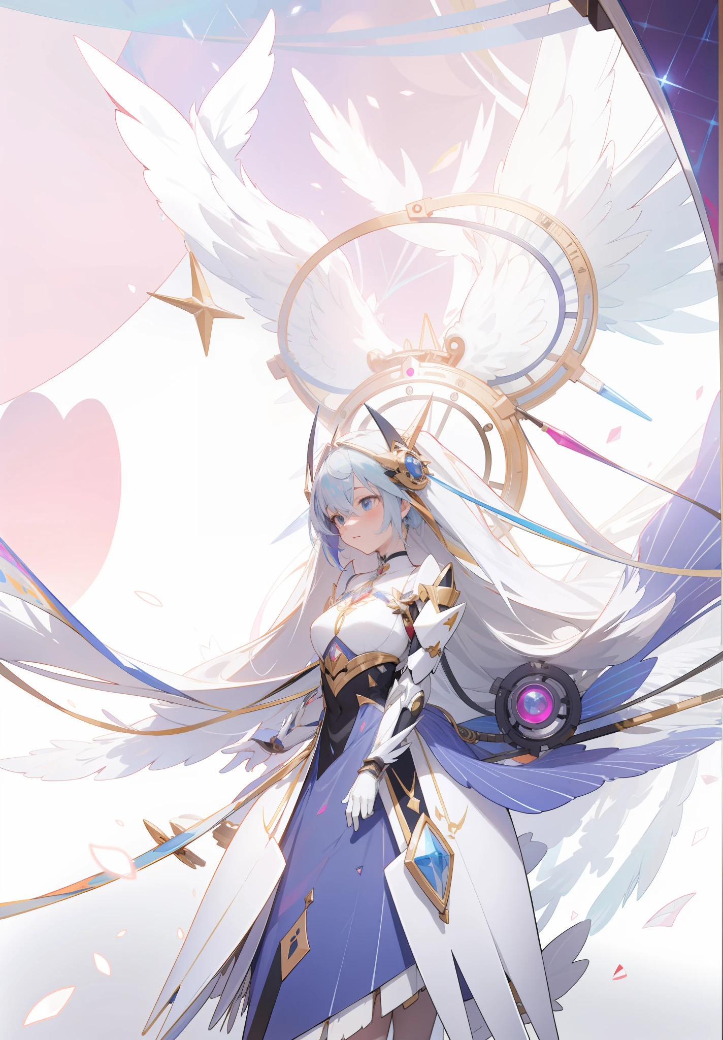 Sagging cables and ribbons, scattered wires,anime character with wings and a dress on a white background, symmetry!! concept art, mechanical wings, mecha wings, huge wings growing out of arms, symmetric concept art, pixiv contest winner, mechanical angel, symetrical wings, anime robotic mixed with organic, pixiv style, wings growing out of arms, with large wings, symmetric wings,porcelain, pearl, holographic, titanium, diamond, ruby, sapphire, gemstones, clockwork, grunge, worn edges, armor