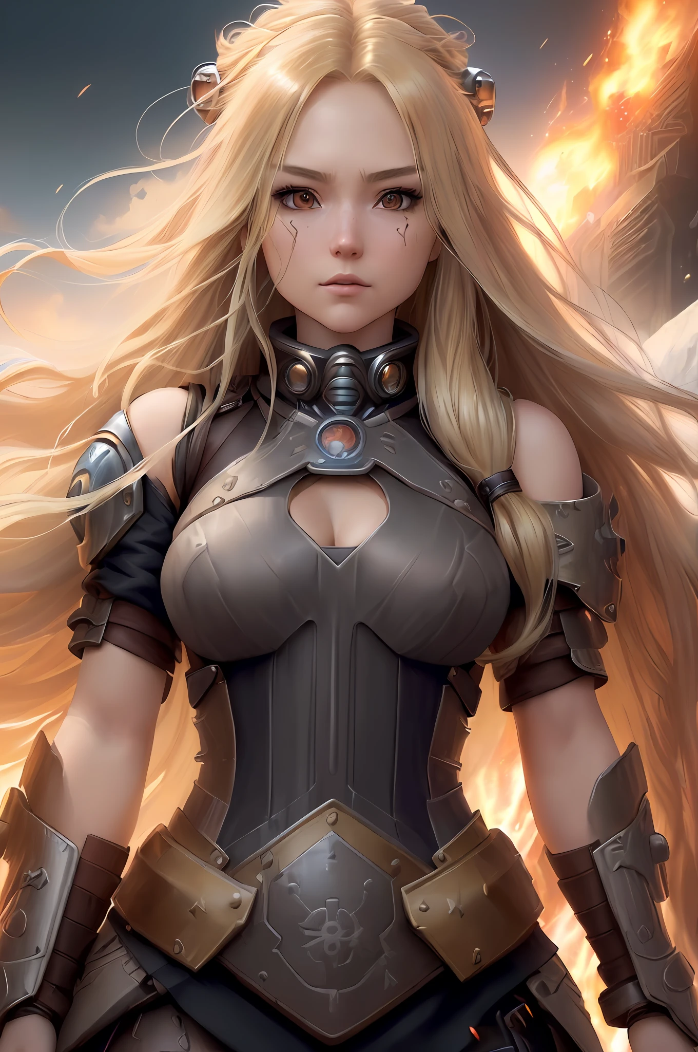 ((extremely detailed artgerm+a woman with long blonde hair:1.3+anime:1.2+ wastland Warrior, dystopian future),best quality,hair blowing,dynamic, high res, 4k, fire magic, desert clothes, armpit the show, penetrating look), empress