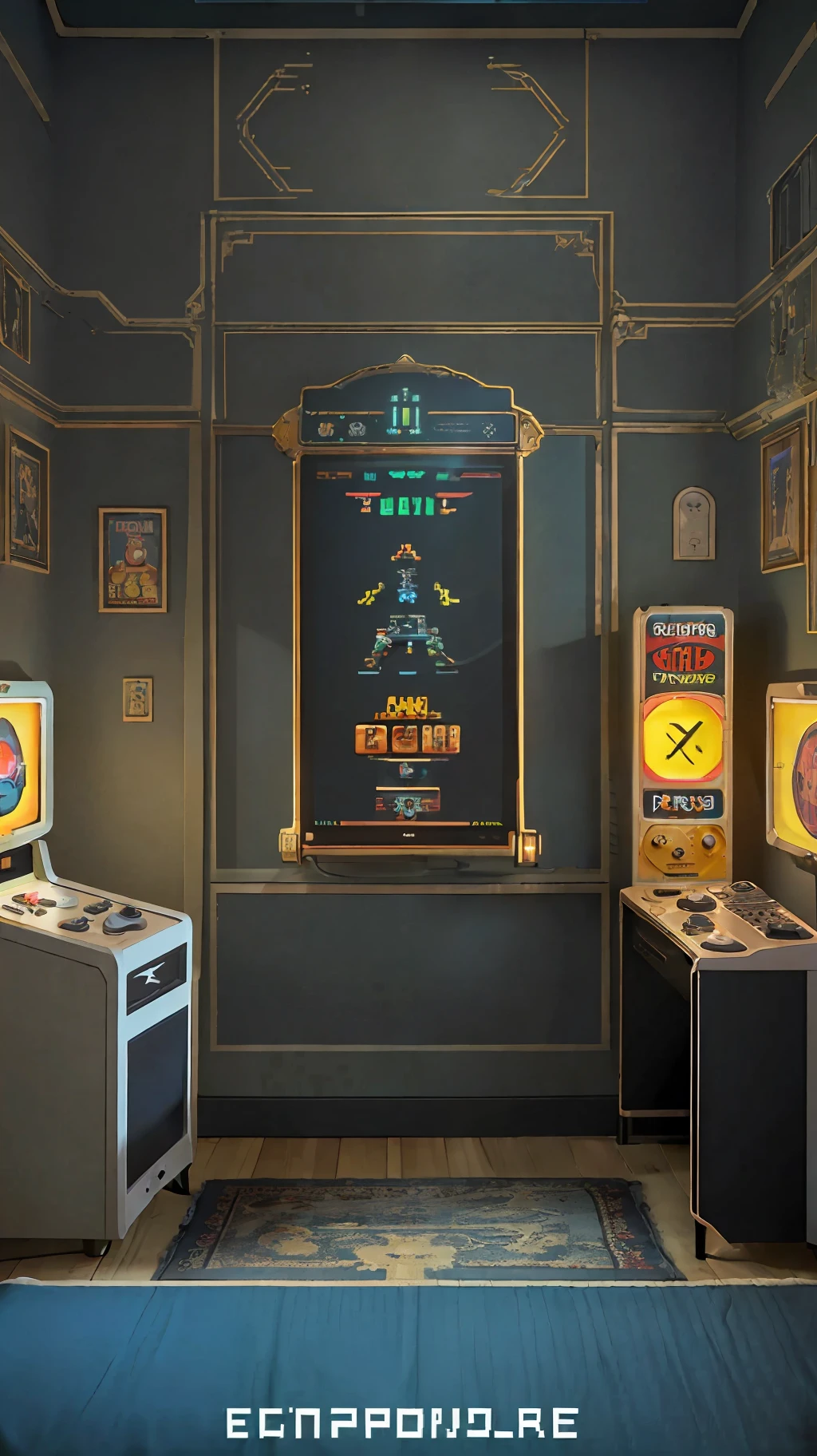 (cozy, warm, upscale) photo of an Atari-64 Neo-Gameboy futurism bedroom,(detailed and beautiful decorations),reminiscent of a retro arcade,(warm lighting, soft shadows),draws attention to the (high-tech) bedstead,(gamer) bedspread and (retro-arcade style) gaming chair,(vibrant) yellow neon light scattered around the room, (framed 8-bit) game posters on the walls, (high-quality) speakers, console and computer equipment on display, (futuristic) gadgets and props scattered throughout,(featured console+featured game:1.2),(aesthetic) filtering.