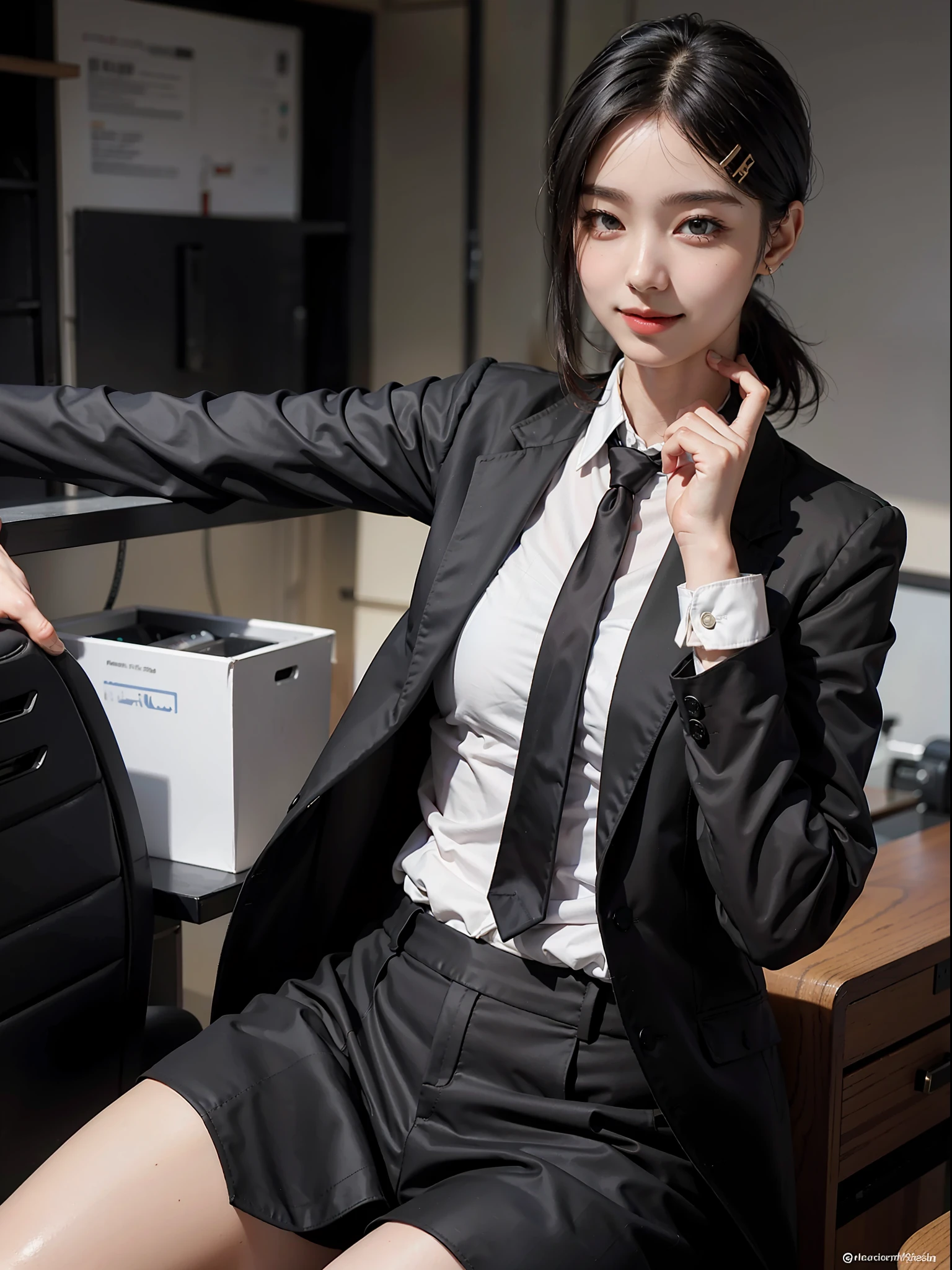 1girl, waist up, light smile, shiny skin
Best quality, masterpiece, (photorealistic: 1.4), dressed in black office clothes, jacket and tie