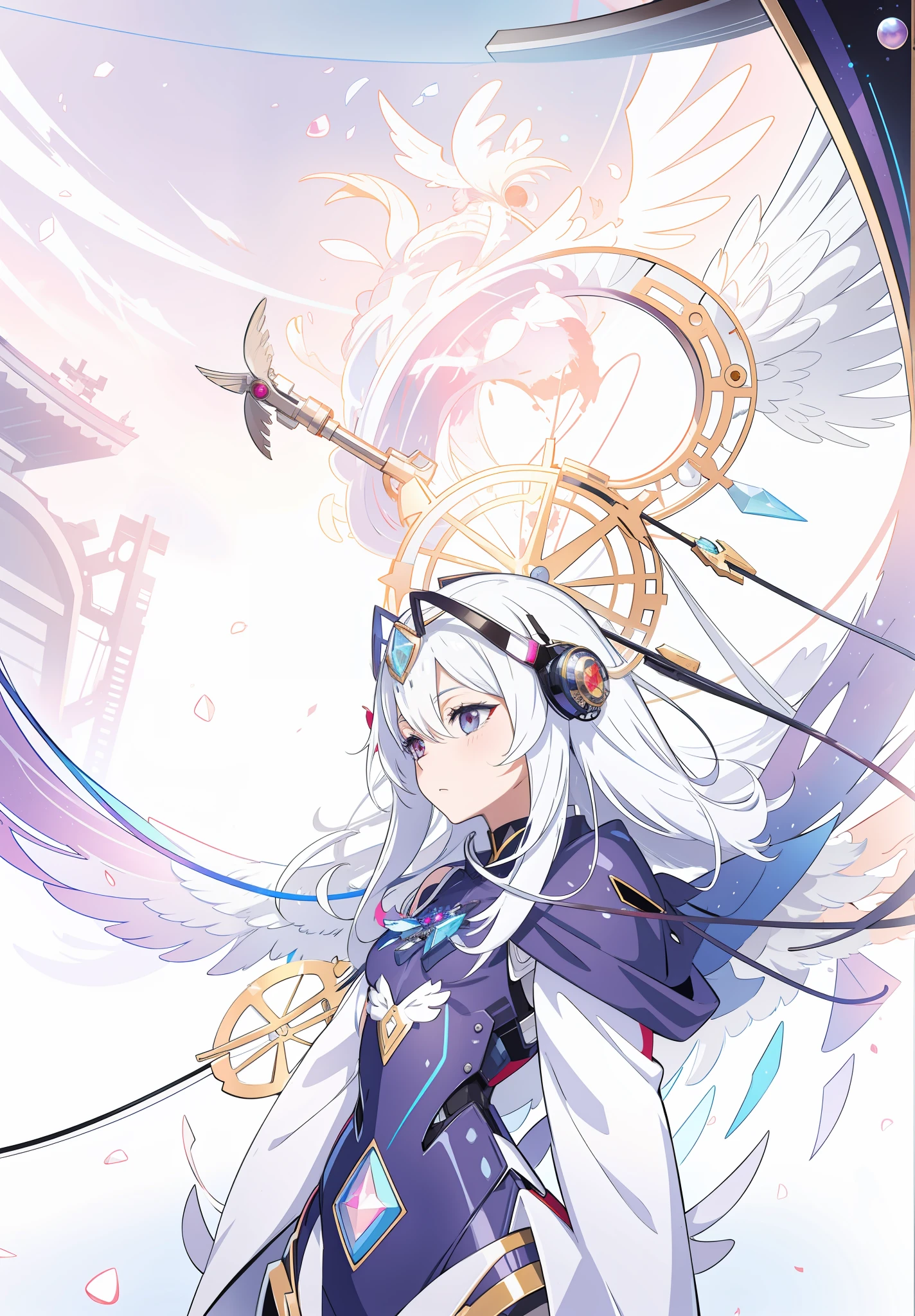 Sagging cables and ribbons, tered wires，anime character with wings and a dress on a white background, symmetry!! concept art, mechanical wings, mecha wings, huge wings growing out of arms, symmetric concept art, pixiv contest winner, mechanical angel, symetrical wings, anime robotic mixed with organic, pixiv style, wings growing out of arms, with large wings, symmetric wings，porcelain, pearl, holographic, titam, diamond, ruby, sapphire, gemstones, clockwork, grunge, worn edges, armor