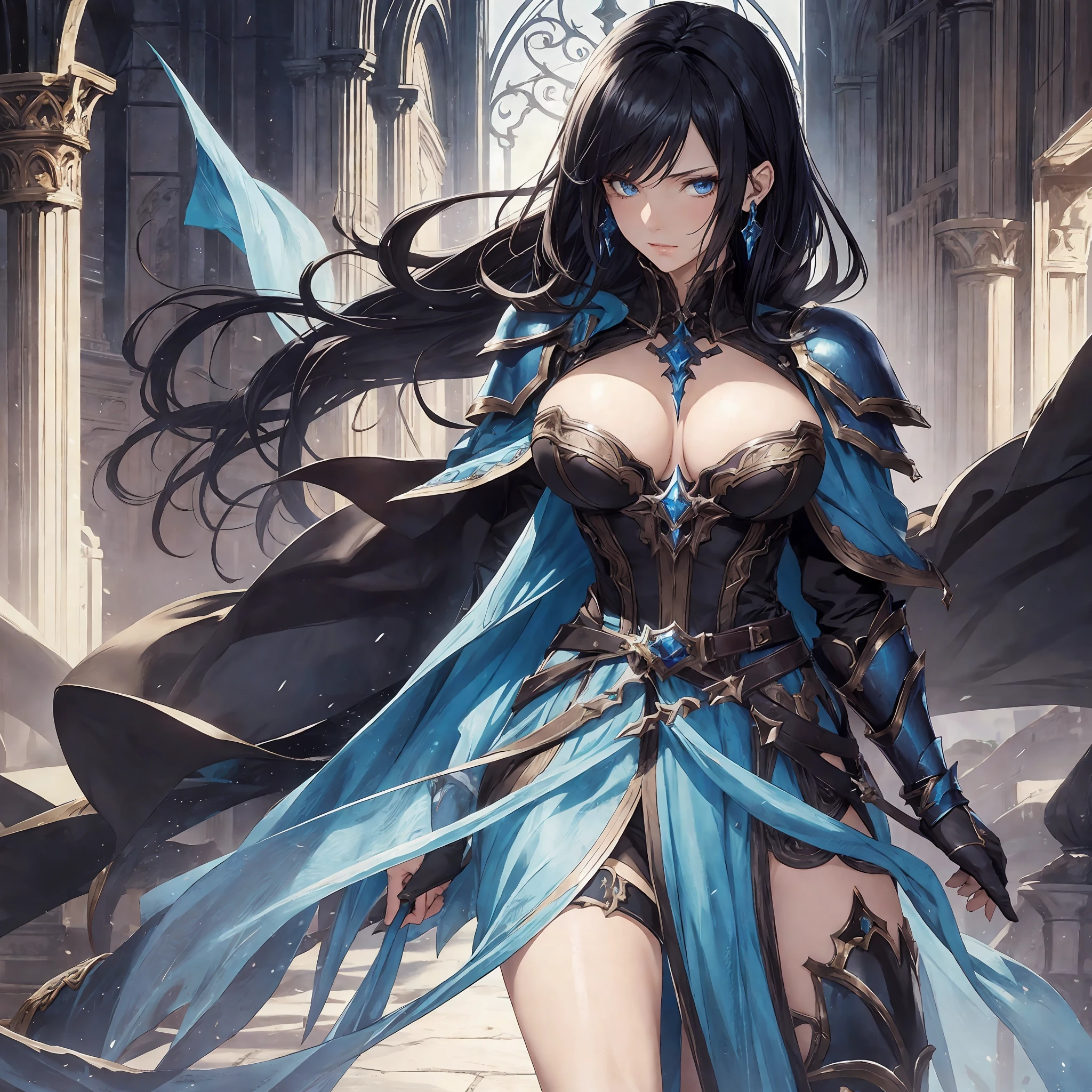 masterpiece, best quality, 1woman adult, older milf, female focus, solo, black hair, vibrant blue eyes, long hair with fringe, looking at viewer, cape, Sorceress, High quality metal texture, semi metal armor, closed mouth, upper body, bangs, high collar,(kbxll:0.6), Fantasy aesthetics, fantasy earring, Highly detailed, shadowverse character concept, shadowverse style