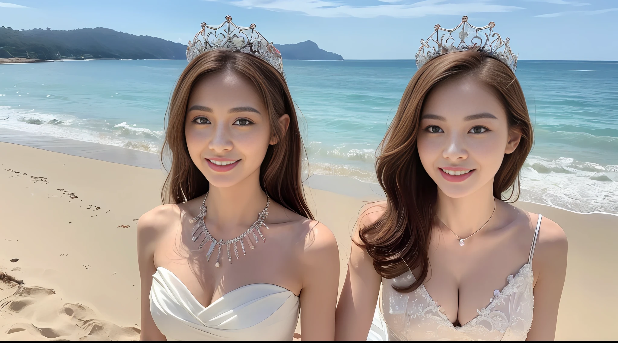 ((Best Quality, 8K, Masterpiece:1.3)), Sharp: 1.2, Perfect Body Beauty: 1.4, Slim Abs: 1.2, ((Brown Hairstyle, Big Breasts: 1.1)), (Beach, Sea: 1.3), Wedding dress with exquisite details, smile, 2 beauties, standing on the beach, delicate tiara, delicate necklace, sun on the face,