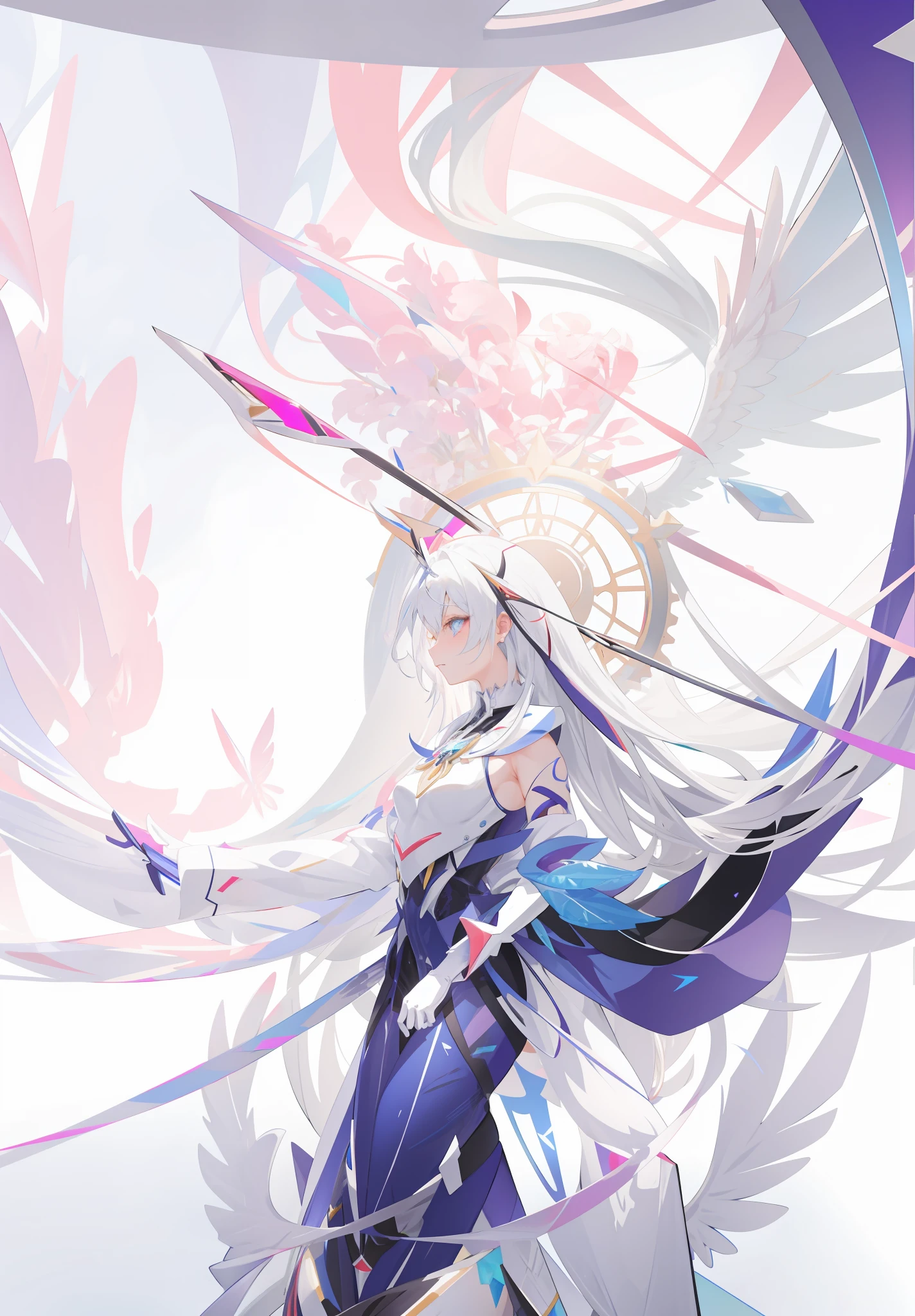 Sagging cables and ribbons, scattered wires,anime character with wings and a dress on a white background, symmetry!! concept art, mechanical wings, mecha wings, huge wings growing out of arms, symmetric concept art, pixiv contest winner, mechanical angel, symetrical wings, anime robotic mixed with organic, pixiv style, wings growing out of arms, with large wings, symmetric wings,porcelain, pearl, holographic, titanium, diamond, ruby, sapphire, gemstones, clockwork, grunge, worn edges, armor