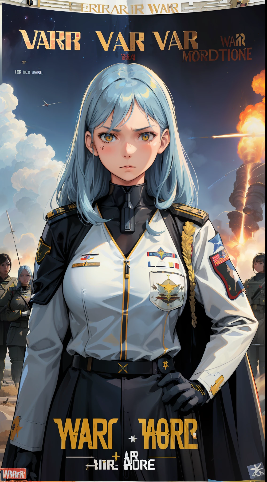 Like Real People,Science Fiction Theme,(War Movie Poster:1.6),3 Girls,Realistic,(Realistic Face Resolution),White Air Force General,Adult,1 Light Blue Long Hair Woman with Yellow Eyes,Serious Face,Science Fiction,Sci-Fi,(Reference to the movie Foundation),Different Supporting Characters