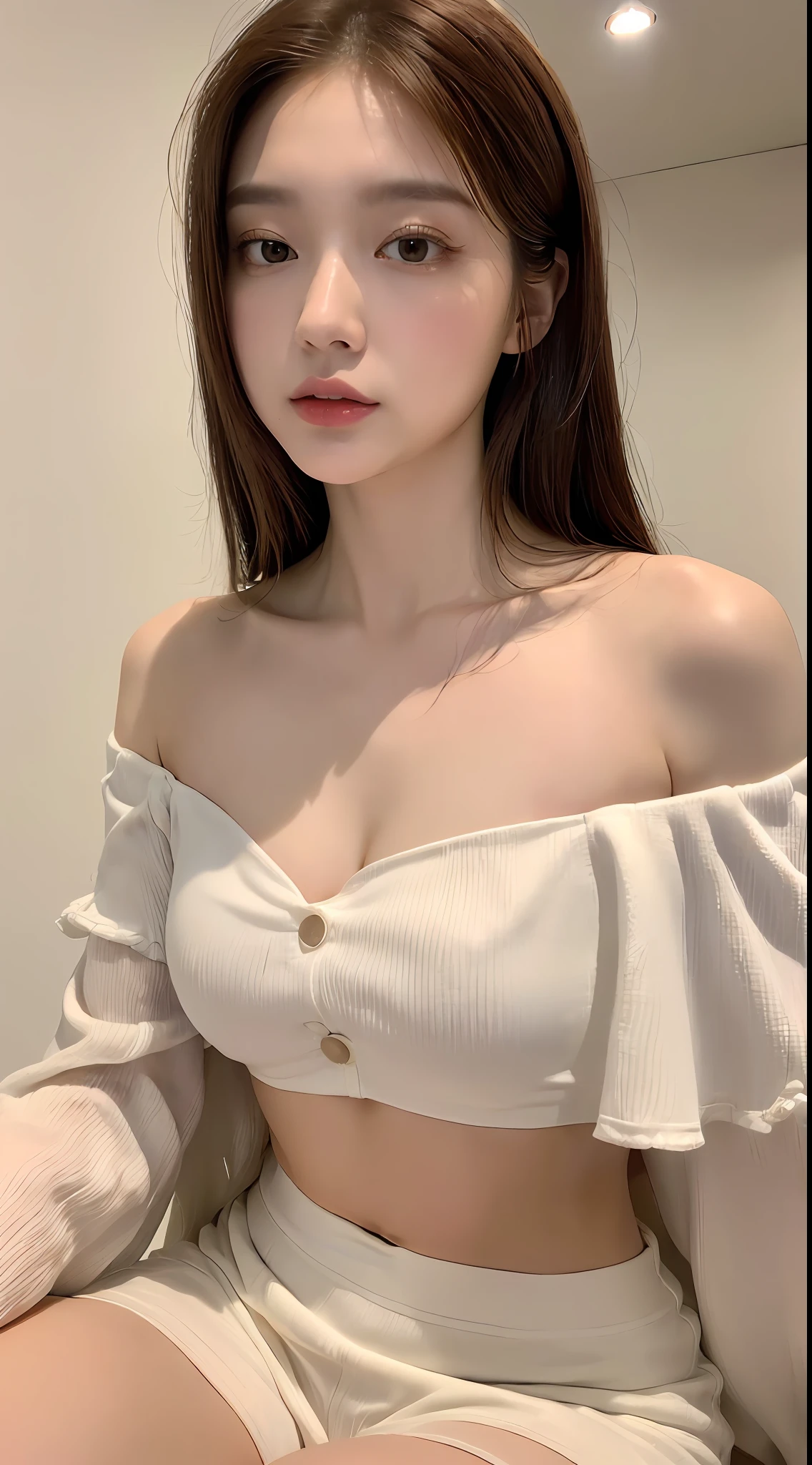White liquid from the mouth: 1.1, (((night, realistic light, top quality, 8k, masterpiece: 1.3)), 1 woman, pretty woman in perfect figure: 1.4, (brown hair, chest: 1.3), off-shoulder crop top: 1.3, sitting on kial, detailed face, detailed eyes, double eyelids