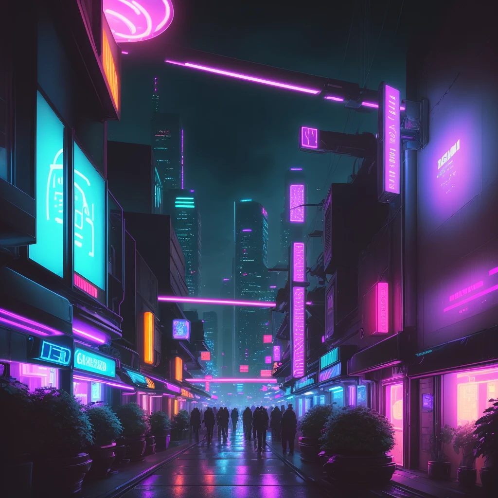 (best quality, masterpiece), a futuristic cyberpunk city bathed in neon lights, slick and dark alleys, a bustling street corner, towering skyscrapers reflecting glittering colors from the night sky.