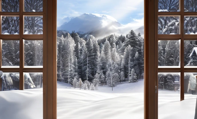 Create an AI art of a cozy cabin in a winter wonderland, nestled among snow-covered trees. Use warm, inviting lights in the windows and a plume of smoke from the chimney to contrast with the cool, snowy landscape. Include a cinematic touch with soft sunrays glinting on icicles and powdery snow, giving the image depth and a sense of tranquility.