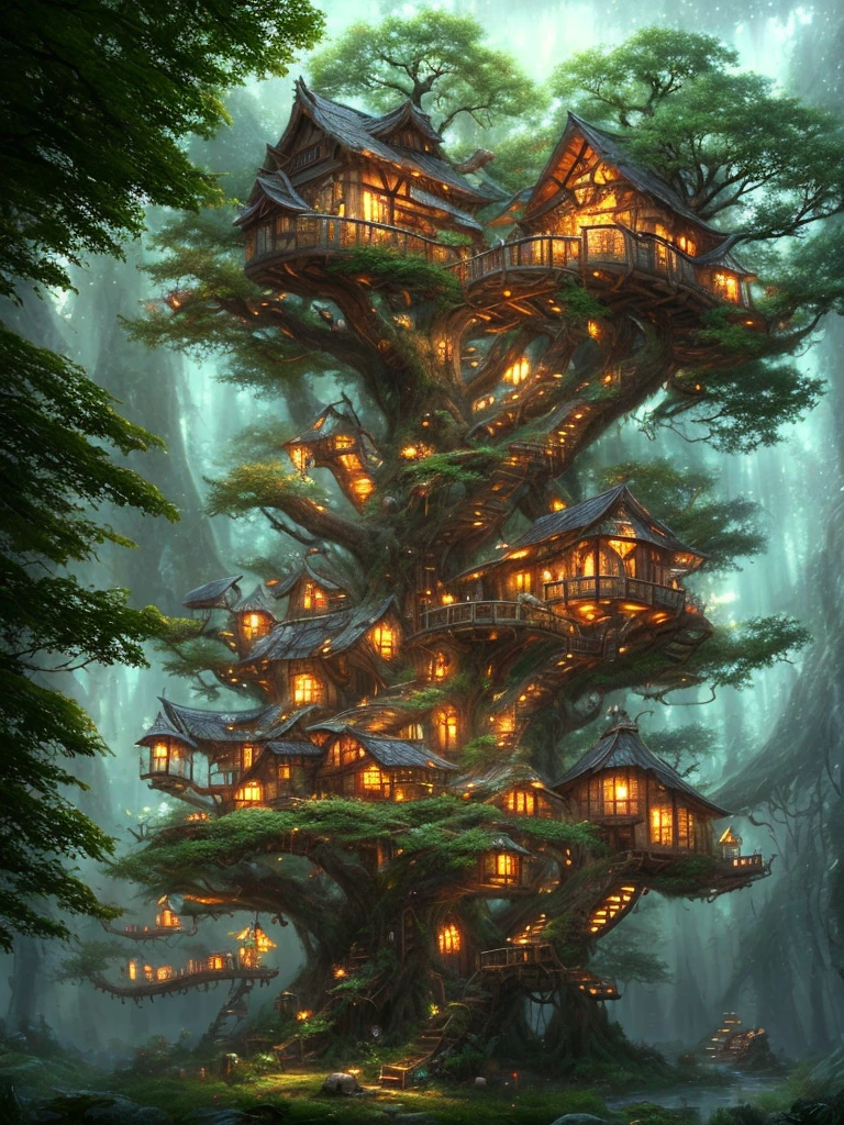 a tree house with lights on it in the middle of a forest, digital art by Alexander Kucharsky, trending on Artstation, fantasy art, tree house, cyberpunk tree house, treehouse, tree town, fantasy tree, bonsai tree house, 4k highly detailed digital art, incredibly high detailed, made of tree and fantasy valley, the battle for the treehouse