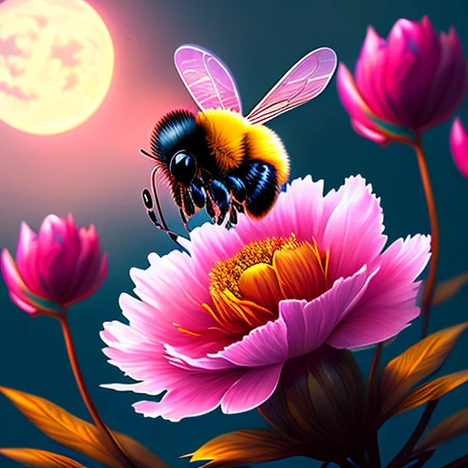 A beautiful cartoon bee with hyper detailed bright expressive eyes, sits on a peony flower, night, moon, milky way, beautiful, fabulous, atmospheric, fantasy, concept art, botanical art, high resolution, 32k, red fog, soft lighting, moderate color palette