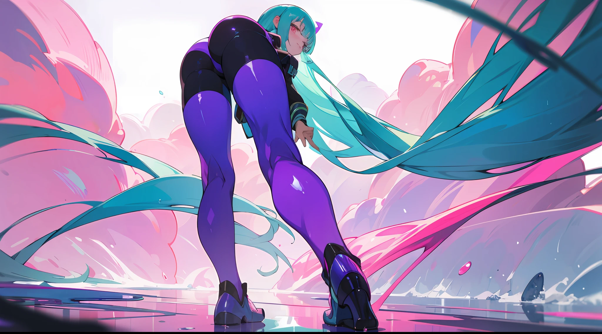 perfect anatomy, 1girl, solo, mememe, long hair, aqua hair, blunt bangs, pink eyes, micro blue bikini, purple sleeves, purple tights, full body, walking in public, smiling, bikini, beautiful, masterpiece, very shiny body, bright colors, simple background, perfect lighting, perfect shadows, perfect eyes, perfect hair, perfect body, looking at the viewer, wet, heart-shaped pupils, standing, slim, standing with your back to the viewer, wet, best quality, detailed image, colorful, gorgeous body, hourglass body, standing your booty right towards the viewer, standing backwards, incredibly shiny body, one girl, one character, solo, 1girl, beautiful, masterpiece, detailed image, colorful, detailed face, perfect lighting, perfect shadows, perfect eyes, girl focus, perfect hair, pupils of different colors, flawless face, shiny body, 1girl, solo, center focus, sweat, wet, heart-shaped pupils, incredibly shiny body