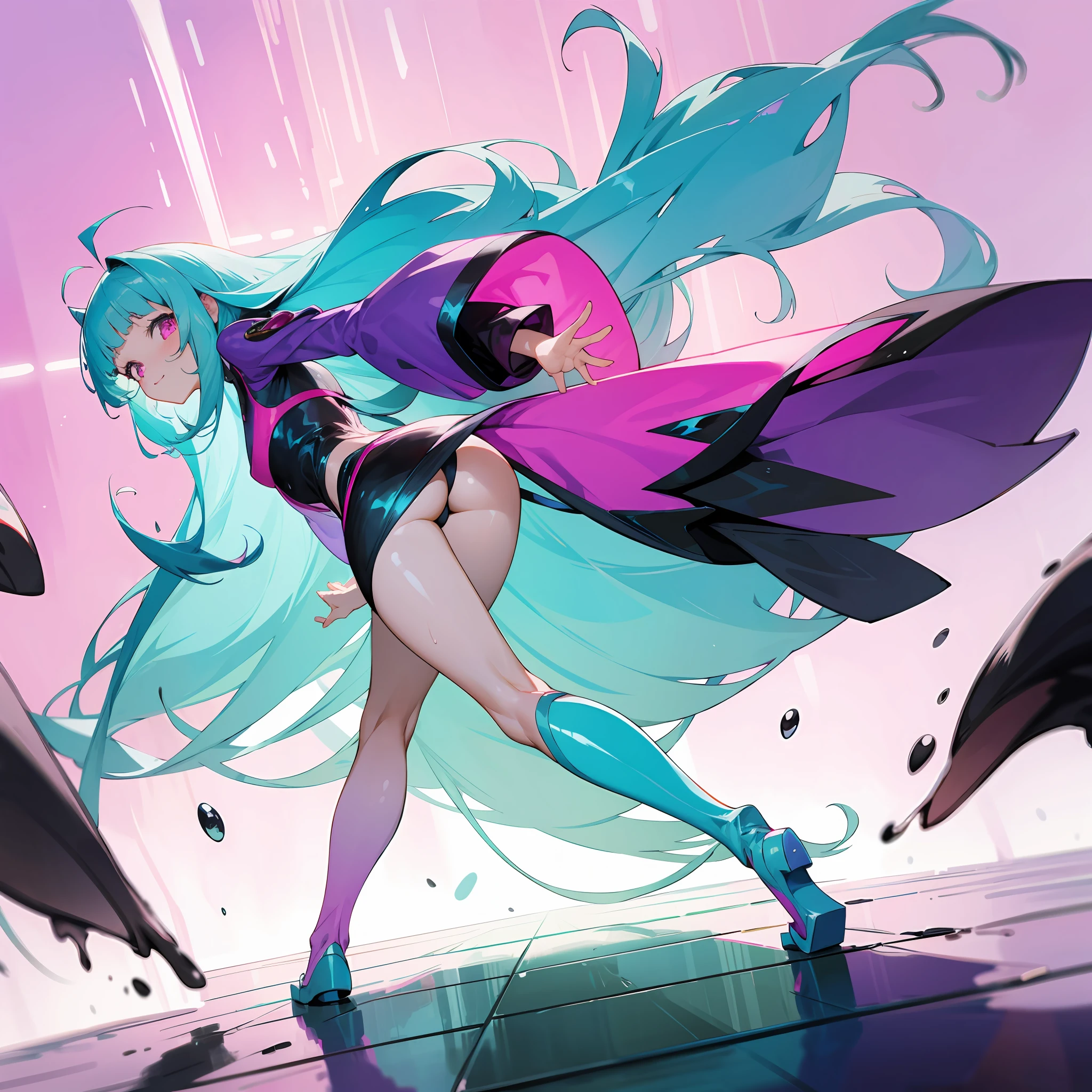 perfect anatomy, 1girl, solo, mememe, long hair, aqua hair, blunt bangs, pink eyes, micro blue bikini, purple sleeves, purple tights, full body, walking in public, smiling, bikini, beautiful, masterpiece, very shiny body, bright colors, simple background, perfect lighting, perfect shadows, perfect eyes, perfect hair, perfect body, looking at the viewer, wet, heart-shaped pupils, standing, slim, standing with your back to the viewer, wet, best quality, detailed image, colorful, gorgeous body, hourglass body, standing your booty right towards the viewer, standing backwards, incredibly shiny body, one girl, one character, solo, 1girl, beautiful, masterpiece, detailed image, colorful, detailed face, perfect lighting, perfect shadows, perfect eyes, girl focus, perfect hair, pupils of different colors, flawless face, shiny body, 1girl, solo, center focus, sweat, wet, heart-shaped pupils, incredibly shiny body