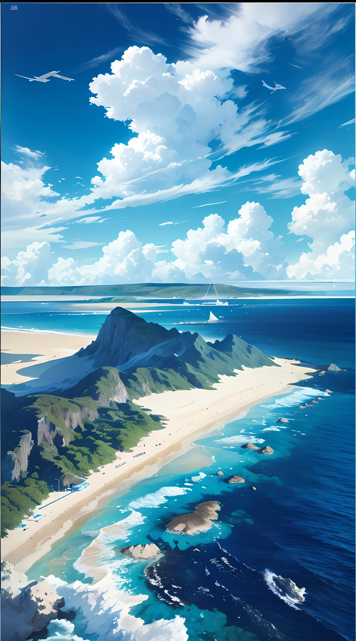 Summer, seaside, island, clear water, blue gradient water, transparent seawater, reef, island, beach chair, paradise, large clouds, blue sky, hot weather, HD detail, hyper-detail, cinematic, surrealism, soft light, deep field focus bokeh, distant snow mountains, ray tracing, and surrealism. --v6