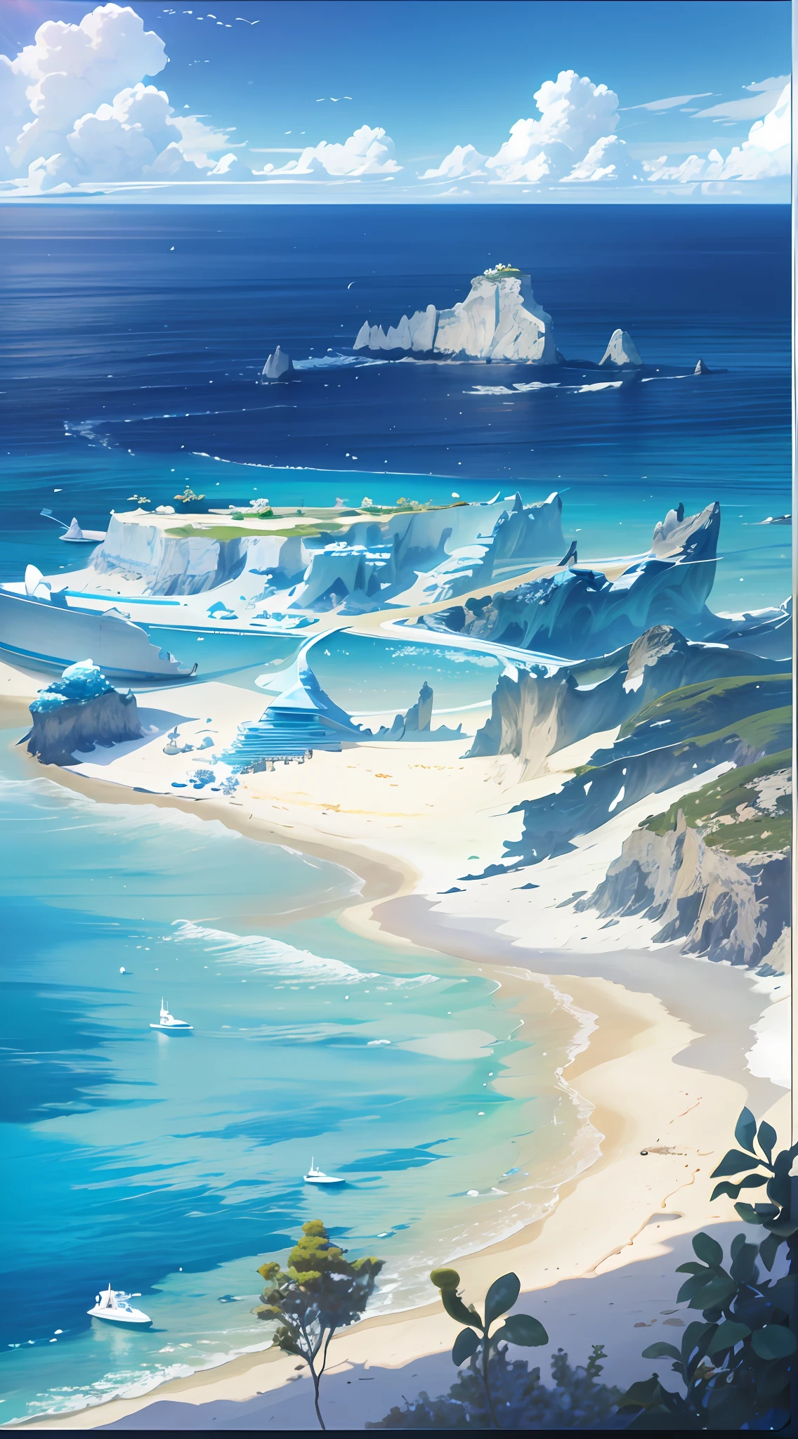 Summer, seaside, island, clear water, blue gradient water, transparent seawater, reef, island, beach chair, paradise, large clouds, blue sky, hot weather, HD detail, hyper-detail, cinematic, surrealism, soft light, deep field focus bokeh, distant snow mountains, ray tracing, and surrealism. --v6