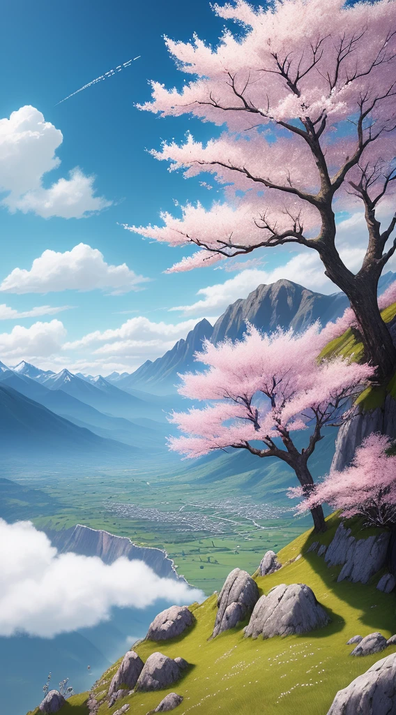 octans, no humans, sky, landscape, outdoor, clouds, trees, rocks, sky, blue sky, cherry blossoms, grass, cloudy sky, mountains