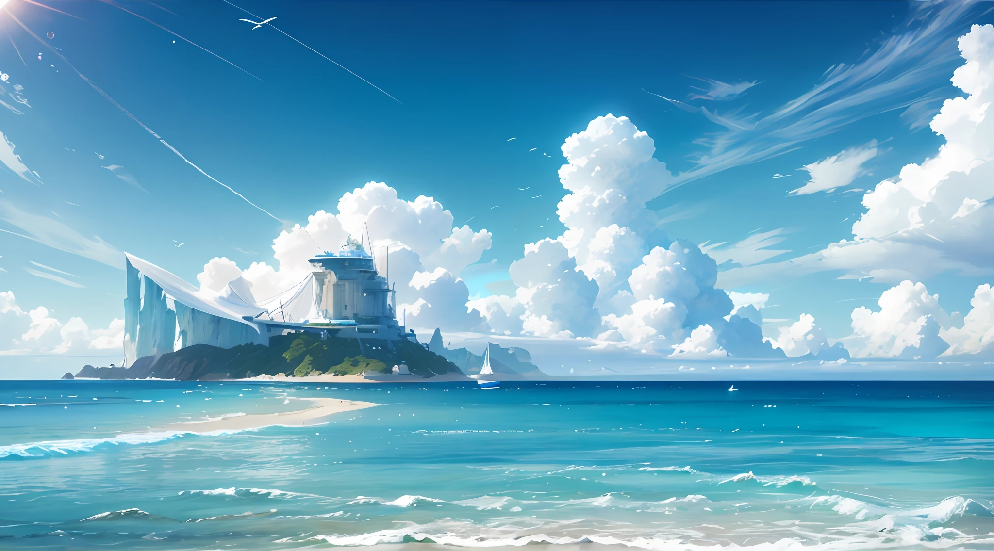 Summer, seaside, island, clear water, blue gradient water, transparent seawater, reef, island, beach chair, paradise, large clouds, blue sky, hot weather, HD detail, hyper-detail, cinematic, surrealism, soft light, deep field focus bokeh, distant snow mountains, ray tracing, and surrealism. --v6