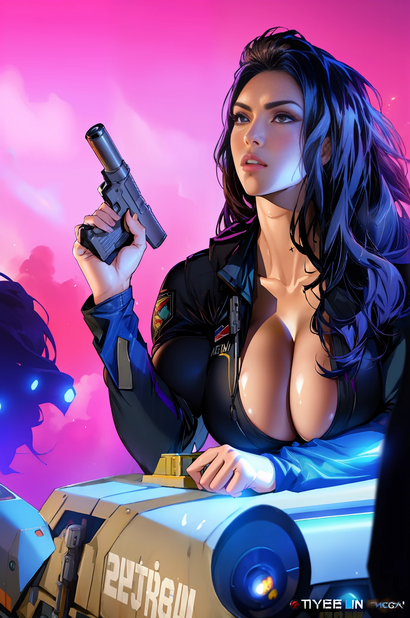 woman in letex Suit holding a gun and posing for a picture, action movie still, full scene shot, still of megan fox, female spy, bombshell, by Dan Luvisi, furious dark haired women, photo from a promo shoot, sexy movie photo, film still of kim kardashian, full length shot, still shot from movie, promo still, nagatiti, (Gigantic Breasts:1.6), (hanging breasts: 1.5), (breasts squeeze: 1.3), (bimbo 1.4), (disproportional tits: 1.4)