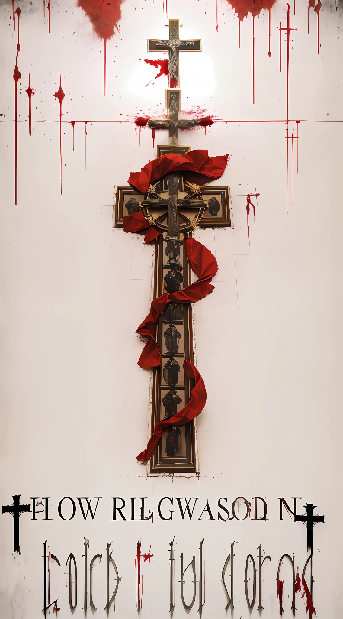 Religion, broken walls, cross, nun death, ground, ((death)), Easter, terror, ((walls full of blood)), posters of a group of people standing around the cross, very coherent. Film, Concentration, Official Poster, Coronation, Decoration, Poster Shooting, Attention, Concentration, Redemption, Arrangement, Cross Composition, Film", Ascension, Official Artwork, Concept, Broken Cross