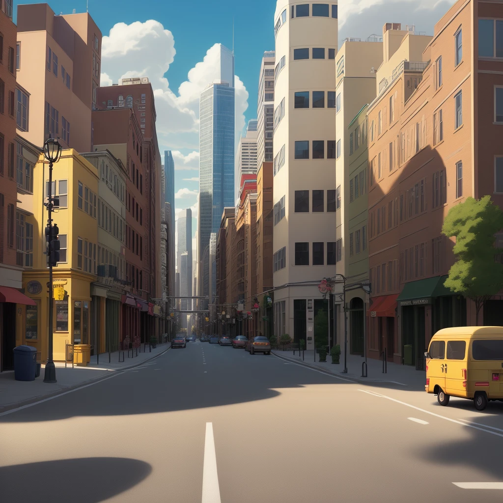 Foreground cartoon style: (funny style), street scene background: (detailed city building), (lamp post), (traffic light), (trash can), (a cartoon van),. Note: Adjusting the relative weight of the labels allows you to generate multiple iterations of the same prompt.