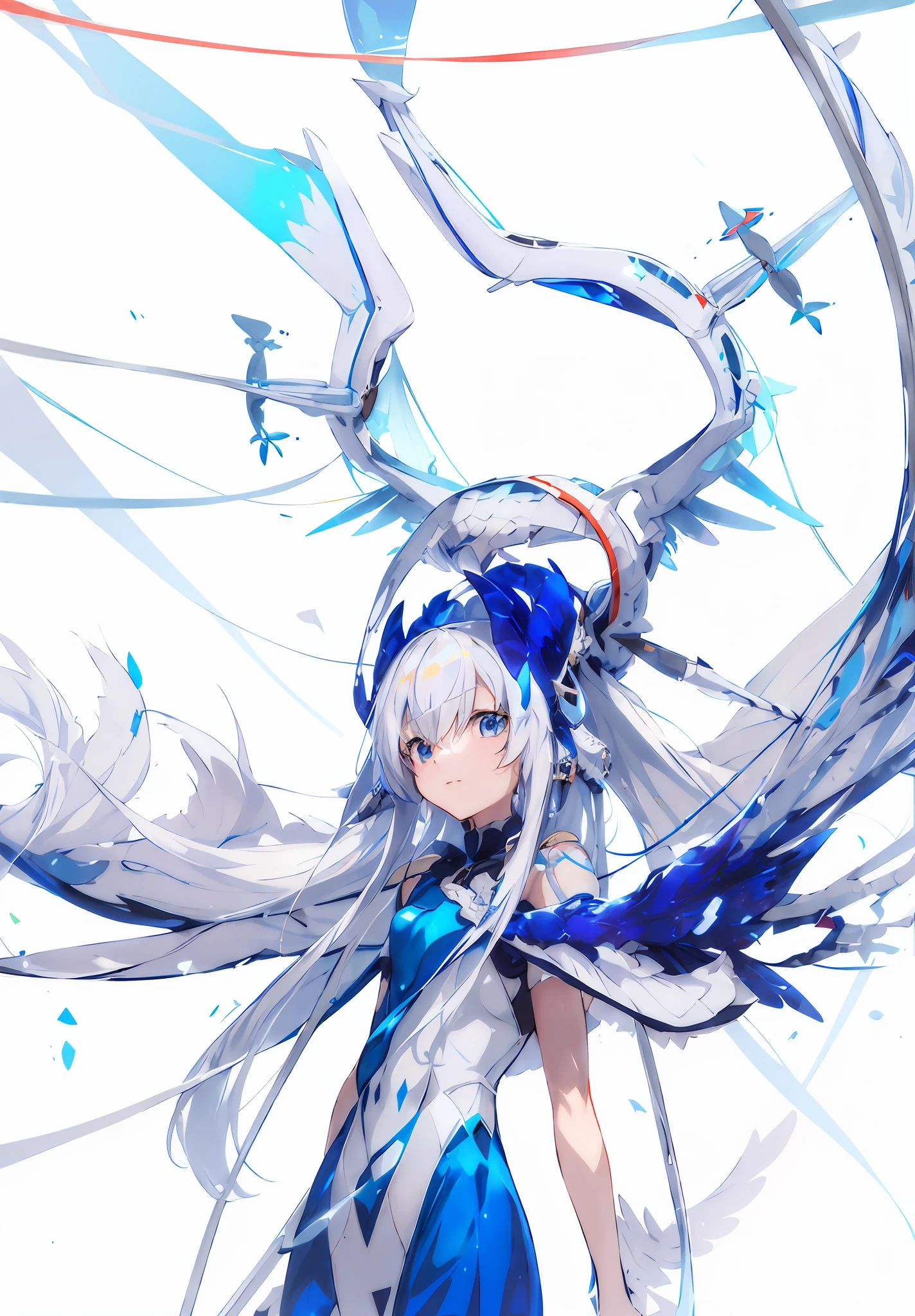 anime girl with long hair and blue dress , Sagging cables and ribbons, scattered wires,anime character with wings and a dress on a white background, symmetry!! concept art, mechanical wings, mecha wings, huge wings growing out of arms, symmetric concept art, pixiv contest winner, mechanical angel, symetrical wings, anime robotic mixed with organic, pixiv style, wings growing out of arms, with large wings, symmetric wings,porcelain, pearl, holographic, titanium, diamond, ruby, sapphire, gemstones, clockwork, grunge, worn edges, armort, pixiv contest winner, pixiv style, ufotable art style, digital art on pixiv, pixiv, anime style like fate/stay night, zerochan, girl with white hair, rimuru tempest, white haired, fate grand order