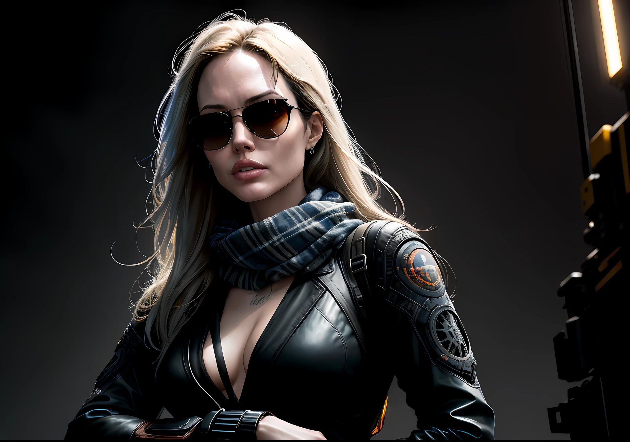 Angelina Jolie Arms Crossed Dark Photo: 1.1), Realistic Epic, Halo's Portrait, Sunglasses, Blue Eyes, Plaid Scarf, White Hair by Atey Ghailan, by Greg Rutkowski, by Greg Tocchini, by James Gilleard, by Joe Fenton, by Kaethe Butcher, Gradient Yellow, Black, Brown and Magenta Color Scheme, Grunge Aesthetic!!! Graffiti brand wall background, art by Greg Rutkowski and Artgerm, soft cinematic light, Adobe Lightroom, Photo Lab, HDR, intricate, highly detailed, (depth of field: 1.4), faded, (neutral colors: 1.2), (HDR: 1.4), (soft colors:1.2), hyperdetailed, (Artstation:1.4), cinematic, warm lights, dramatic light, (intricate details:1.1), complex background, (Rutkowski:0.66), (blue and orange:0.4)