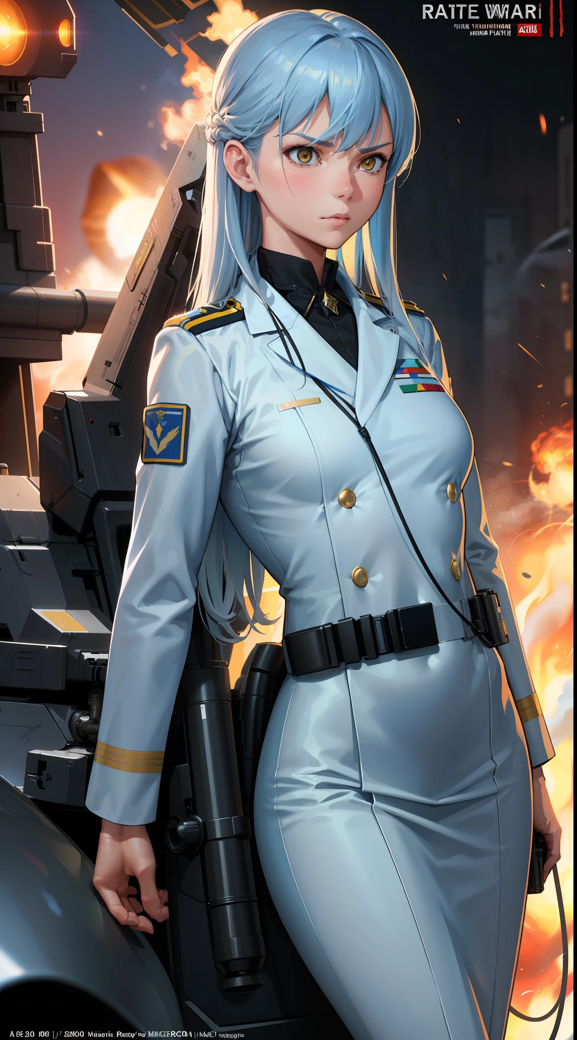 Realistic,(Action War Movie Poster),(Based on the movie Foundation),Real,(Realistic Face Resolution),Cinematic Posing,White Air Force General's Uniform,Adult,Skinny,Small,1 Light Blue Long Hair Woman with Yellow Eyes,Serious Face,Science Fiction,Sci-Fi,Different Characters