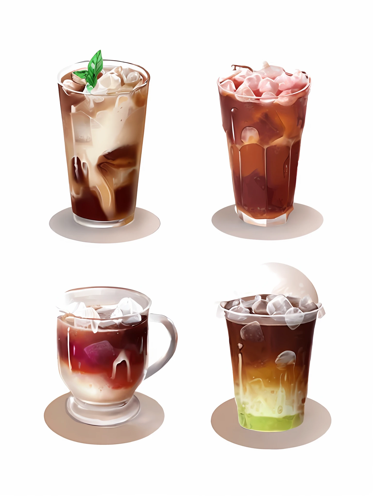 four different types of iced coffees in a glass cup, cold drinks, colored milk tea, ice coffee, cold brew coffee ), drinks, iced latte, iced tea glass, made with illustrator, photorealistic illustration, milk and mocha style, realistic illustration, made of drink, high quality portrait, tall iced tea glass, highly detailed illustration, cartoon brew, high detailed illustration