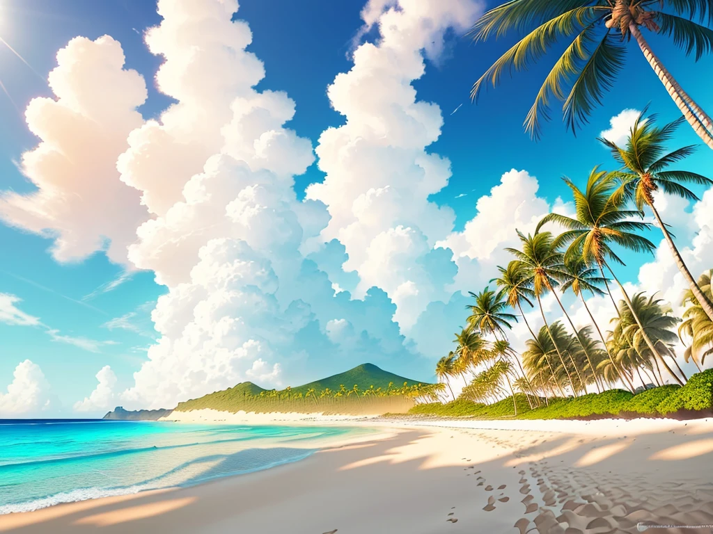 (beautiful beach, best quality, ultra-detailed CG unity 8k wallpaper, masterpiece, dynamic angle, wide shot), crystal clear water, (multiple palm trees, white sand), (blue sky, fluffy clouds), (sunshine, Volumetric light)