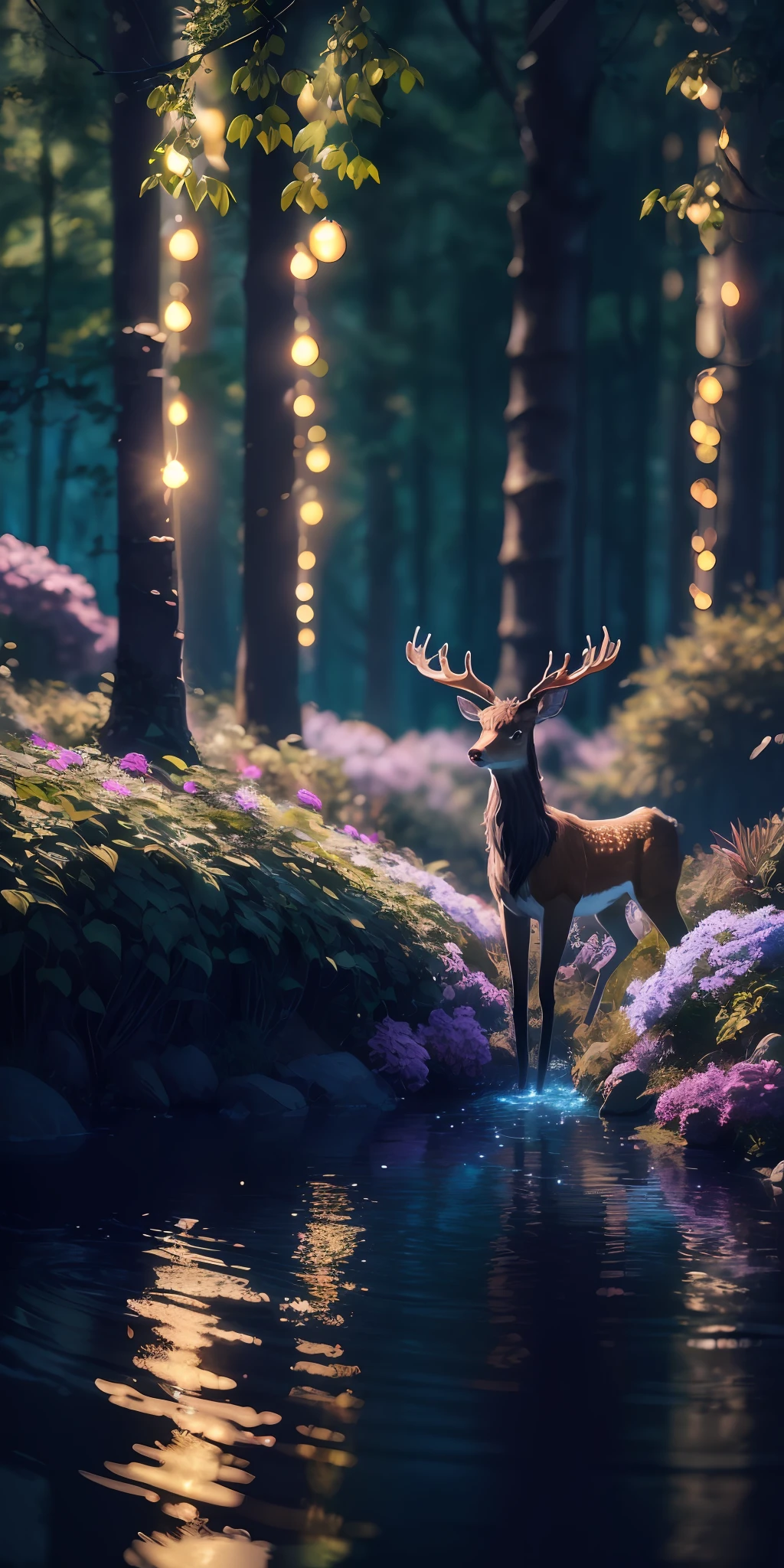 Masterpiece, best quality, (very detailed CG unified 8k wallpaper), (best quality), (best illustration), (best shadow), glowing elf with a glowing deer, drinking water in the pool, natural elements in forest theme. Mysterious forest, beautiful forest, nature, surrounded by flowers, delicate leaves and branches surrounded by fireflies (natural elements), (jungle theme), (leaves), (branches), (fireflies), (particle effects) and other 3D, Octane rendering, ray tracing, super detailed --v6, deer