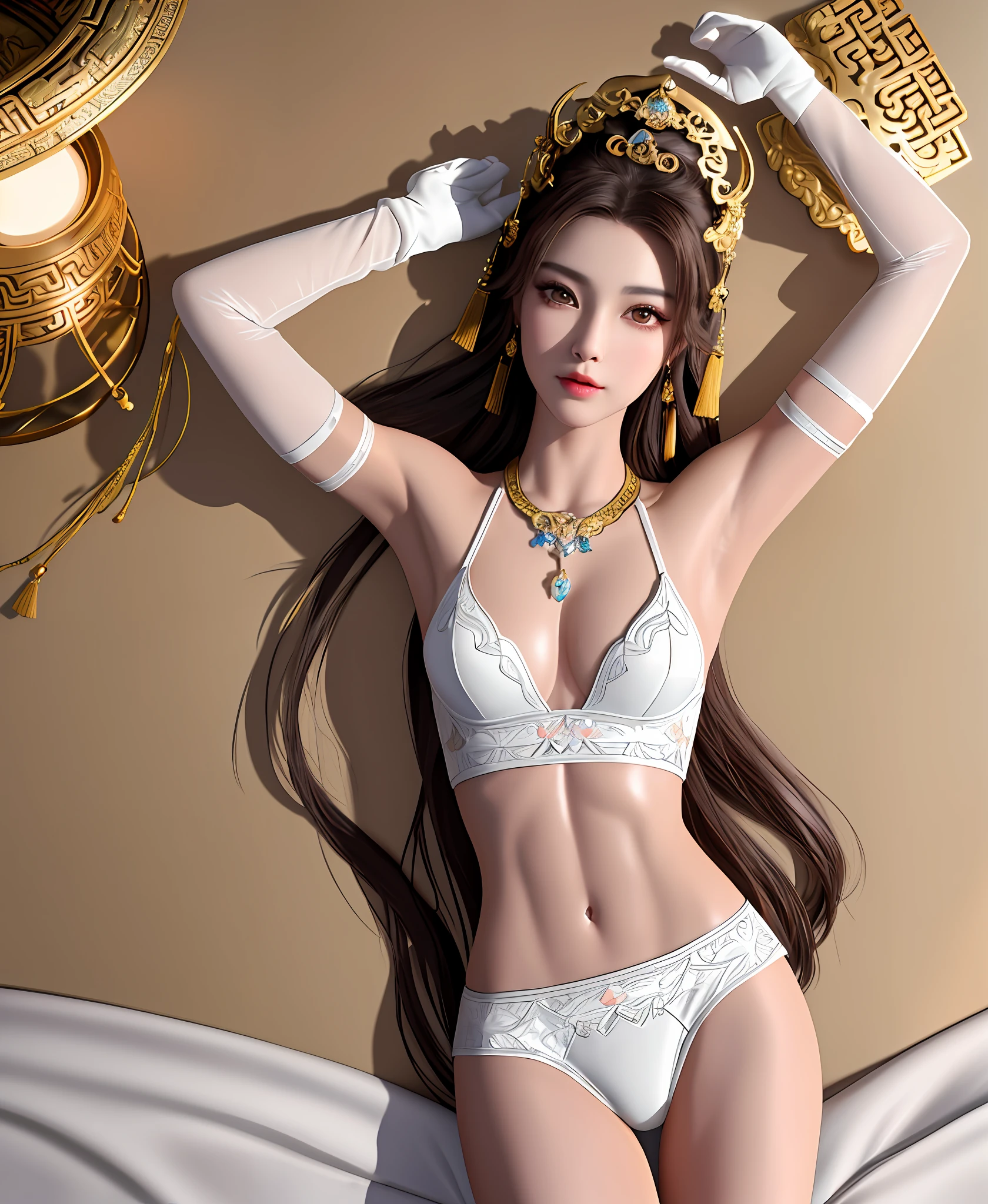 "Masterpiece, high quality, detailed, high resolution, 4k, 8k, realistic skin texture, amazing shadows, perfect lighting, hyper-realistic." A beautiful female empress (Chinese brown eyes, eye shadow, gloves, white light skin, small breasts, toned abs), arms up sensual pose, armpit, lying on bed, in white lingerie