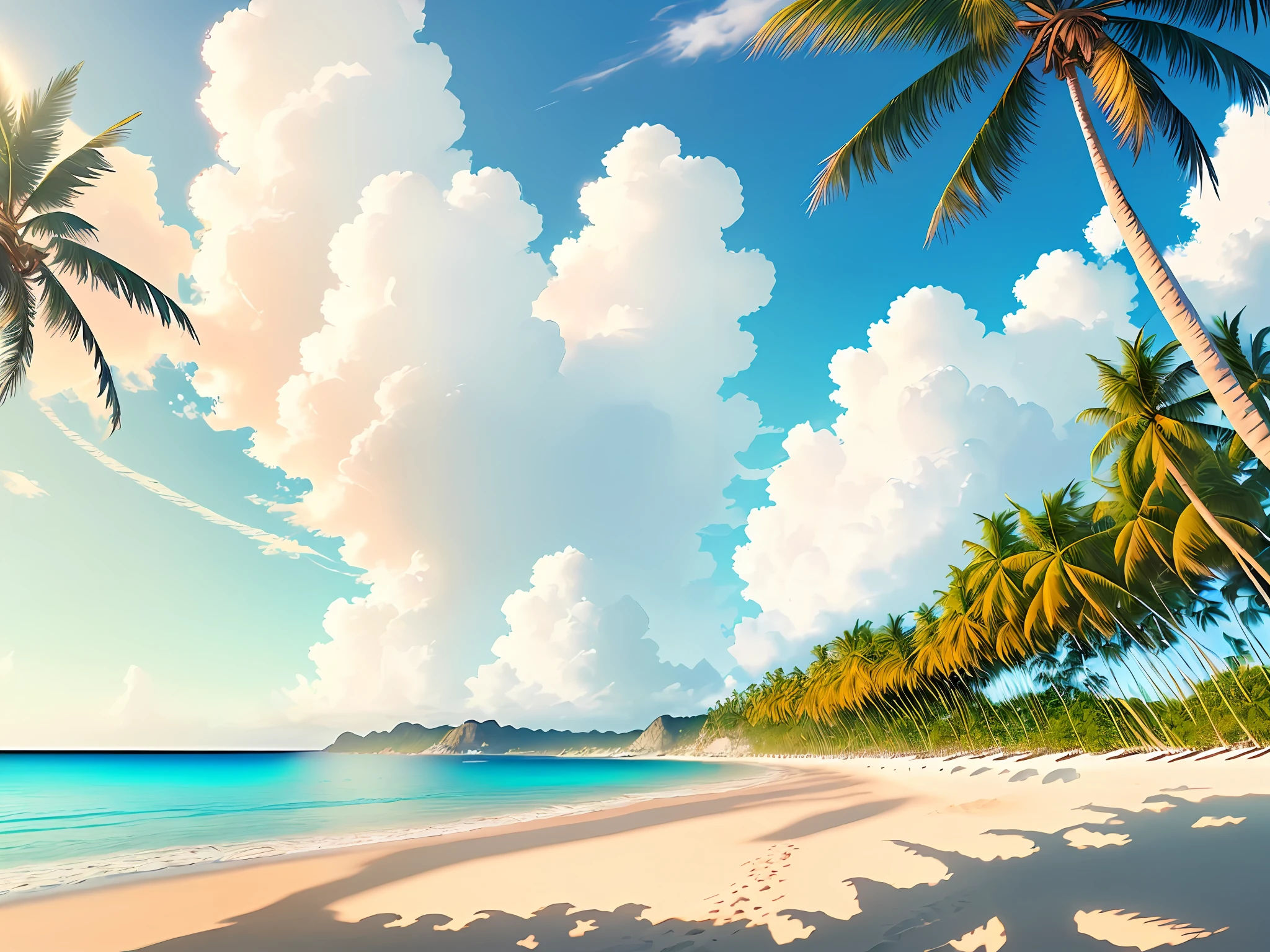 (beautiful beach, best quality, ultra-detailed CG unity 8k wallpaper, masterpiece, dynamic angle, wide shot), crystal clear water, (multiple palm trees, white sand), (blue sky, fluffy clouds), (sunshine, Volumetric light)