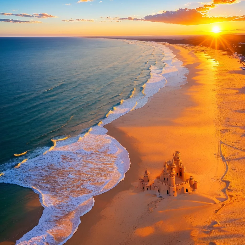 The paths of footprints on the beach，逼真，细节，超清，8k，电影光效
