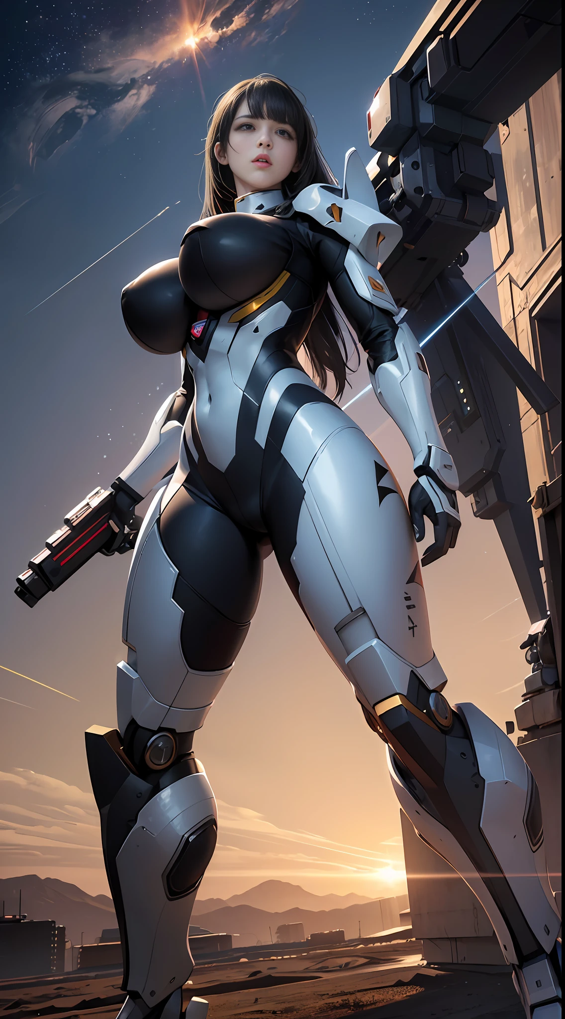 ((Best quality)), ((masterpiece)), (highly detailed:1.3), 3D, beautiful, (cyberpunk:1.2), in space, nebula, holding_weapon, laser, (1Female mecha:1.3), sexy body, facing the audience, Glowing eyes, full body, (flying, swooping down, dynamic, motion blur: 1.4), (huge mech wings: 1.6), looking up, glowing_eyes, mecha, panorama, background is earth, nebula, space, particles, Reality, HDR (High Dynamic Range), Ray Tracing, NVIDIA RTX, Super Resolution, Unreal 5, Subsurface Scattering, PBR Textures, Post Processing, Anisotropic Filtering, Depth of Field, Maximum Clarity and Clarity, Multilayer Textures, Albedo and Specular maps, Surface shading, accurate simulation of light-material interaction, perfect proportions, Octane Render, two-tone lighting, large aperture, low ISO, white balance, rule of thirds, 8K RAW, efficient sub-pixel, sub-pixel volume product,  (best quality),(Japanese:0.5),(korean:0.8), (Liu Yi Fei:1.5) long hair, (big breast:1.2)