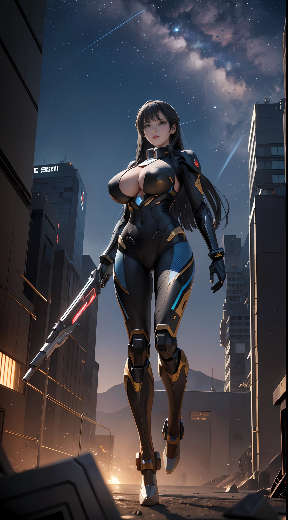 ((Best quality)), ((masterpiece)), (highly detailed:1.3), 3D, beautiful, (cyberpunk:1.2), in space, nebula, holding_weapon, laser, (1Female mecha:1.3), sexy body, facing the audience, Glowing eyes, full body, (flying, swooping down, dynamic, motion blur: 1.4), (huge mech wings: 1.6), looking up, glowing_eyes, mecha, panorama, background is earth, nebula, space, particles, Reality, HDR (High Dynamic Range), Ray Tracing, NVIDIA RTX, Super Resolution, Unreal 5, Subsurface Scattering, PBR Textures, Post Processing, Anisotropic Filtering, Depth of Field, Maximum Clarity and Clarity, Multilayer Textures, Albedo and Specular maps, Surface shading, accurate simulation of light-material interaction, perfect proportions, Octane Render, two-tone lighting, large aperture, low ISO, white balance, rule of thirds, 8K RAW, efficient sub-pixel, sub-pixel volume product, (best quality),(Japanese:0.5),(korean:0.8), (Liu Yi Fei:1.5) long hair, (big breast:1.2)
