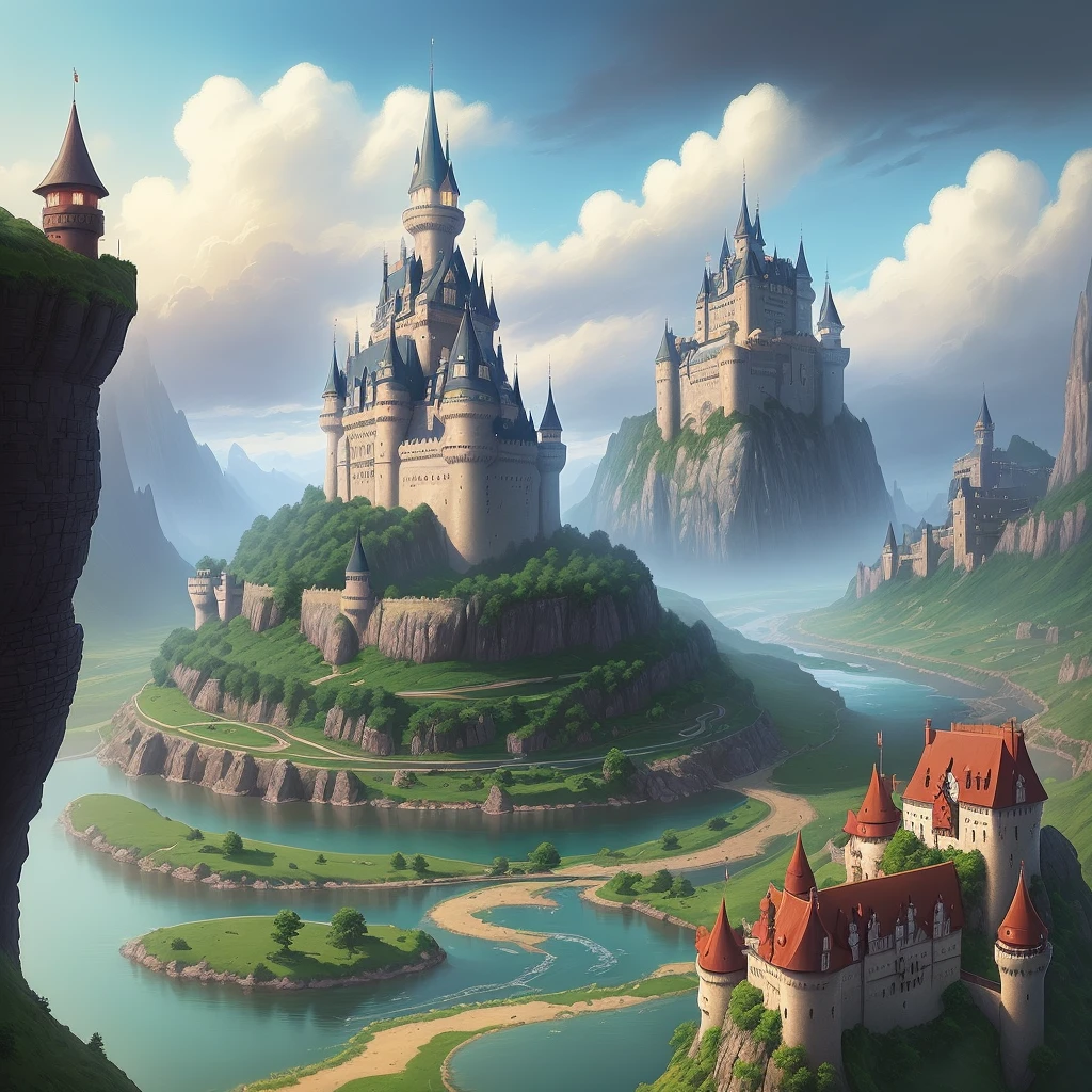 There is a castle on the hill with a river in the foreground, inspired by Andreas Rocha, fantasy art, Studio Ghibli landscapes, cute, realistic fantasy illustrations, impressive fantasy landscapes, futuristic castles, fantasy style