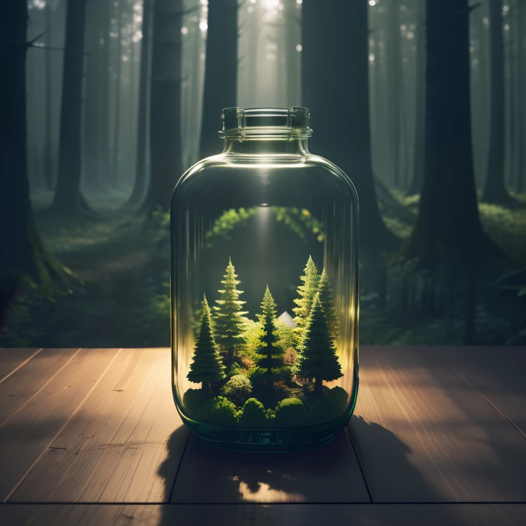 (An intricate forest minitown landscape trapped in a bottle), atmospheric oliva lighting, on the table, 4k UHD, dark vibes, hyper detailed, vibrant colours forest background, epic composition, octane render, sharp focus, high resolution isometric