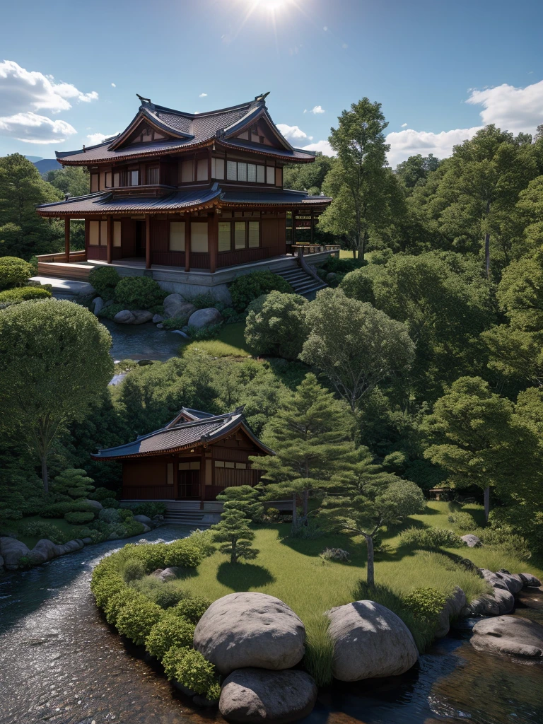 (masterpiece),(high quality), best quality, real,(realistic), super detailed, (full detail),(4k),8k,no humans, scenery, building, Japanese architecture, cloud, sky, east asian architecture, outdoors, day, small trees, small trees, no floating houses, realistic, 3D model HD rendering, building rendering, right Angle isometric view, 45 degree Angle, high detail, film, global lighting, reality lighting, Unreal Engine rendering, Substance 3D, Octane rendering, (hdr:1.3),