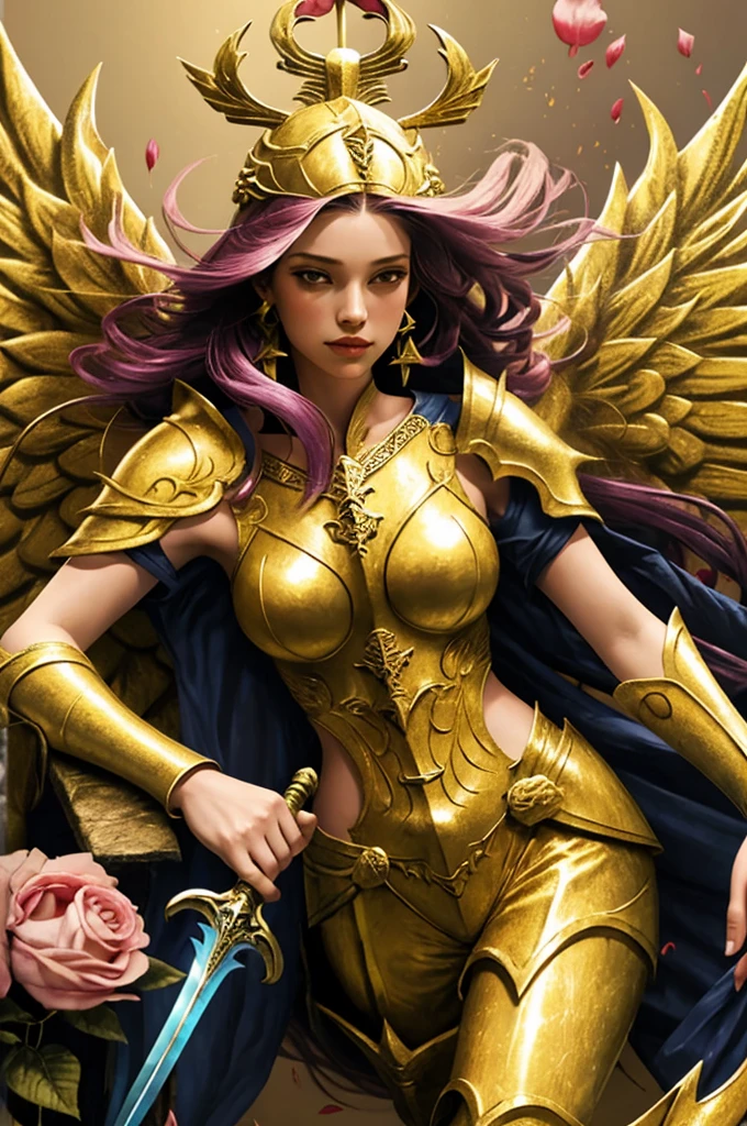 colorful, 1girl, armlet, breasts, floating hair, flower, lips, long hair, looking at viewer, medium breasts, golden armor, dagger, wings,