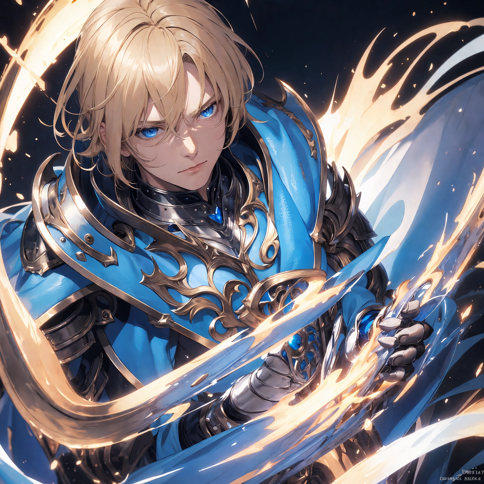masterpiece, best quality, 1man, adult, male focus, solo, medium blonde hair, vibrant blue eyes, gloves, looking at viewer, cape, High quality metal texture, semi metal armor, closed mouth, metalic gloves, upper body, bangs, high collar,(kbxll:0.6), Fantasy aesthetics, Highly detailed, shadowverse style, shadowverse character concept
