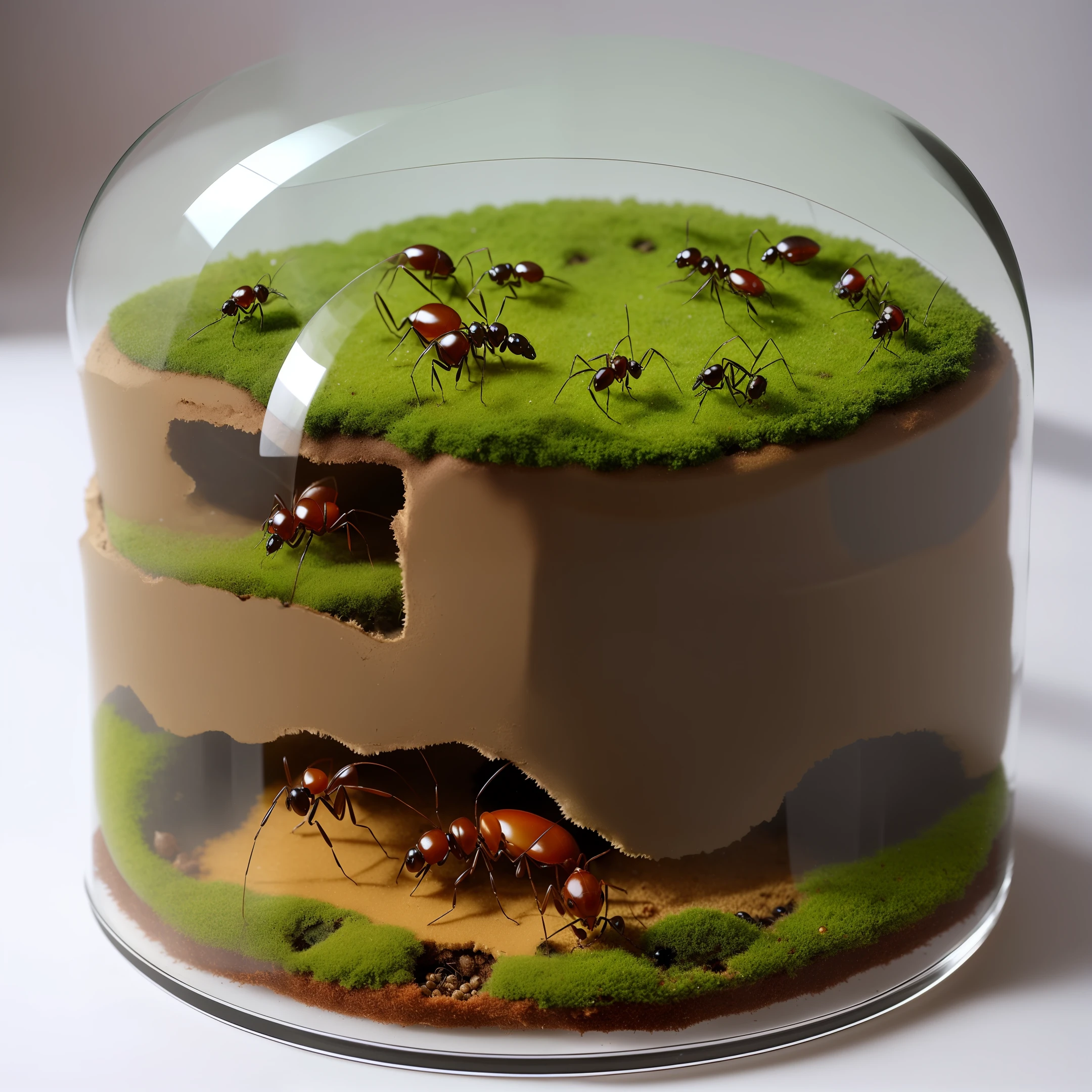 ant habitat is round, glass. Large ants, tortoise, flowers.