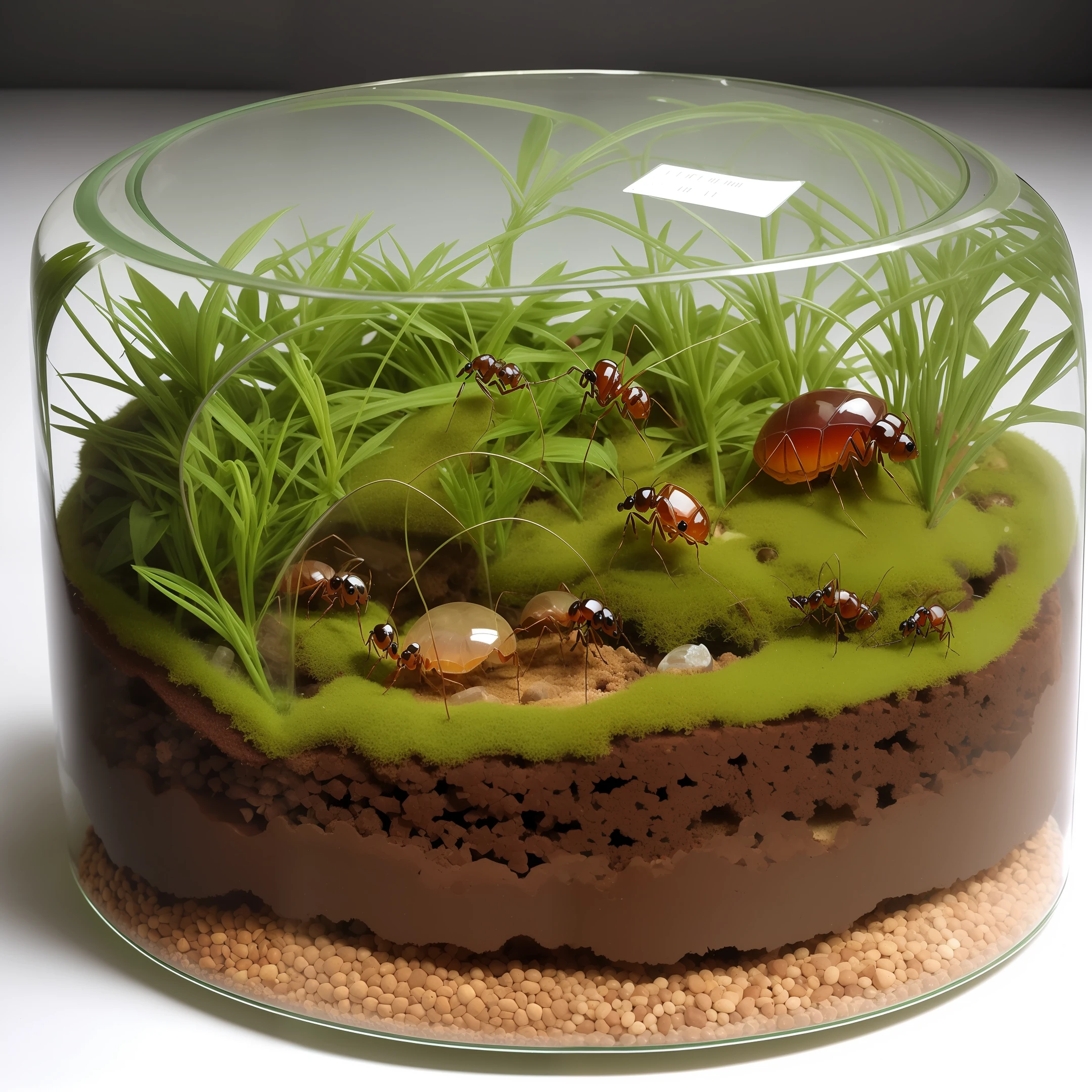 ant habitat is round, glass. Large ants, tortoise, flowers.