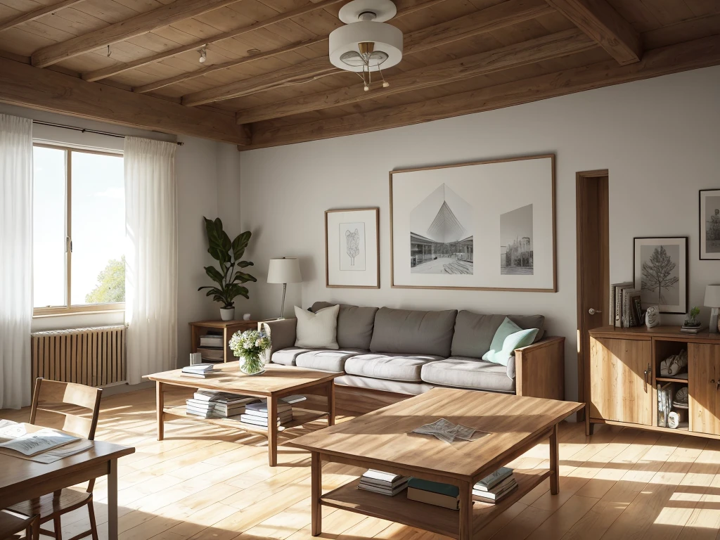 a sketch of a beautiful modern living room, (((foster and partners, artists impression, artistic impression, by Hamish MacDonald, by Carey Morris, by David Brewster, higher detailed illustration, by Helen Berman, an illustration, detailed illustration, by Nick Fudge, by Warren Mahy, artist's impression))), a red kitchen cabinet behind the white sofa, with minimal pictures on the wall, linen curtain next to the classroom window, coffee table, modern wood, ceiling with magnetic emissive lighting, white fabric PRB textures, wooden floor PRB texture,