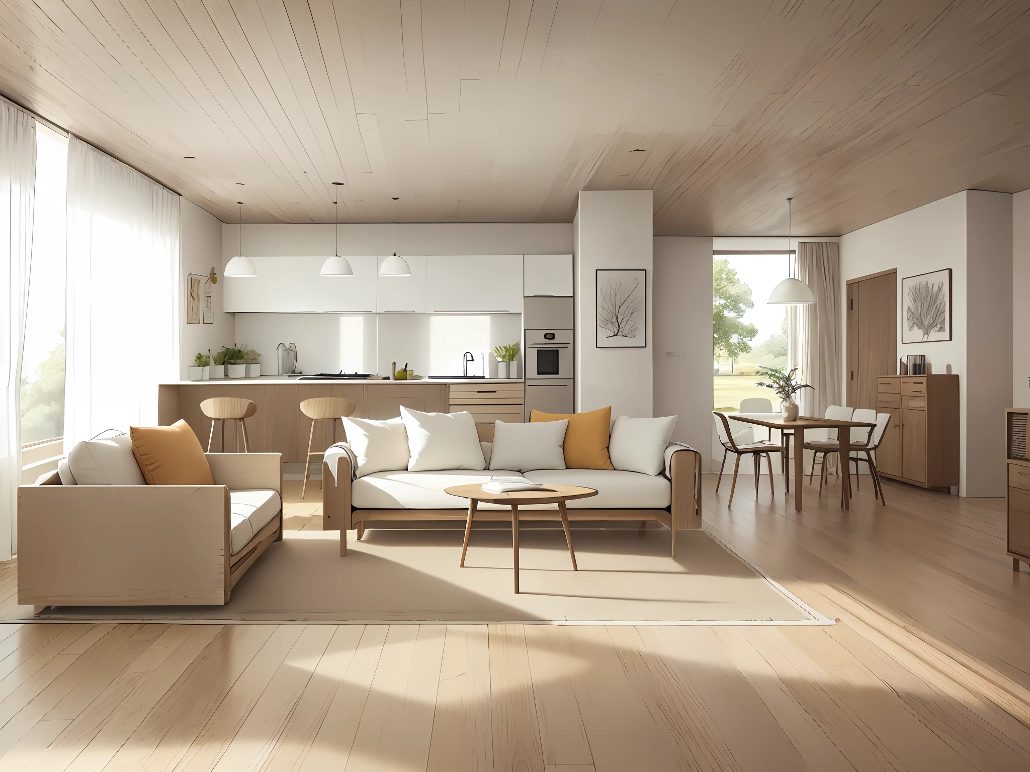 a sketch of a beautiful modern living room, (((foster and partners, artists impression, artistic impression, by Hamish MacDonald, by Carey Morris, by David Brewster, higher detailed illustration, by Helen Berman, an illustration, detailed illustration, by Nick Fudge, by Warren Mahy, artist's impression))), a red kitchen cabinet behind the white sofa, with minimal pictures on the wall, linen curtain next to the classroom window, coffee table, modern wood, ceiling with magnetic emissive lighting, white fabric PRB textures, wooden floor PRB texture,