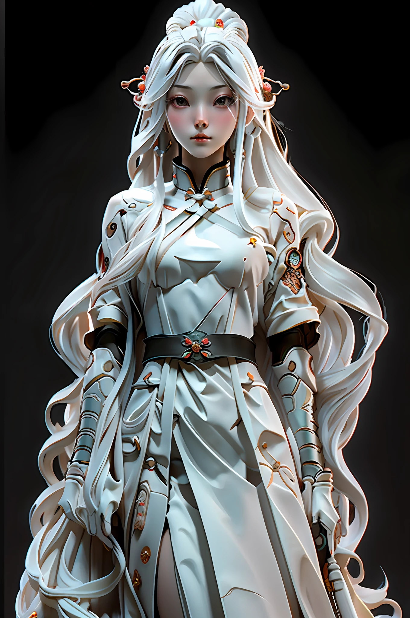 GeminiArmor, Masterpiece, Best Quality, Focus, 1girl, Solo, Long White Hair, Melancholy, Traditional Chinese Style, Zbrush, Contrasting Light and Dark Tones, Chinese Punk, Dynamic and Fluid Natural --v 6