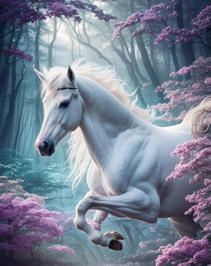 {{An ethereal depiction of a mystical warrior riding a radiant white horse}}} through a magical forest. This is a surreal-inspired image that showcases the otherworldly nature of the warrior and the horse. The environment/background should be a mystical forest with vibrant colors, glowing plants, and floating orbs, creating a sense of enchantment. The image should be in the style of a digital painting, incorporating elements of surrealism and fantasy art. The long shot, captured with a wide-angle lens, will provide a panoramic view, immersing viewers in the magical world. The lighting should be soft and diffused, creating a dreamlike atmosphere. The desired level of detail is moderate, with a resolution of 2500x1500 pixels, highlighting the intricate details of the warrior's armor and the flowing mane of the horse. The goal is to create a captivating image that transports viewers to a mystical realm.