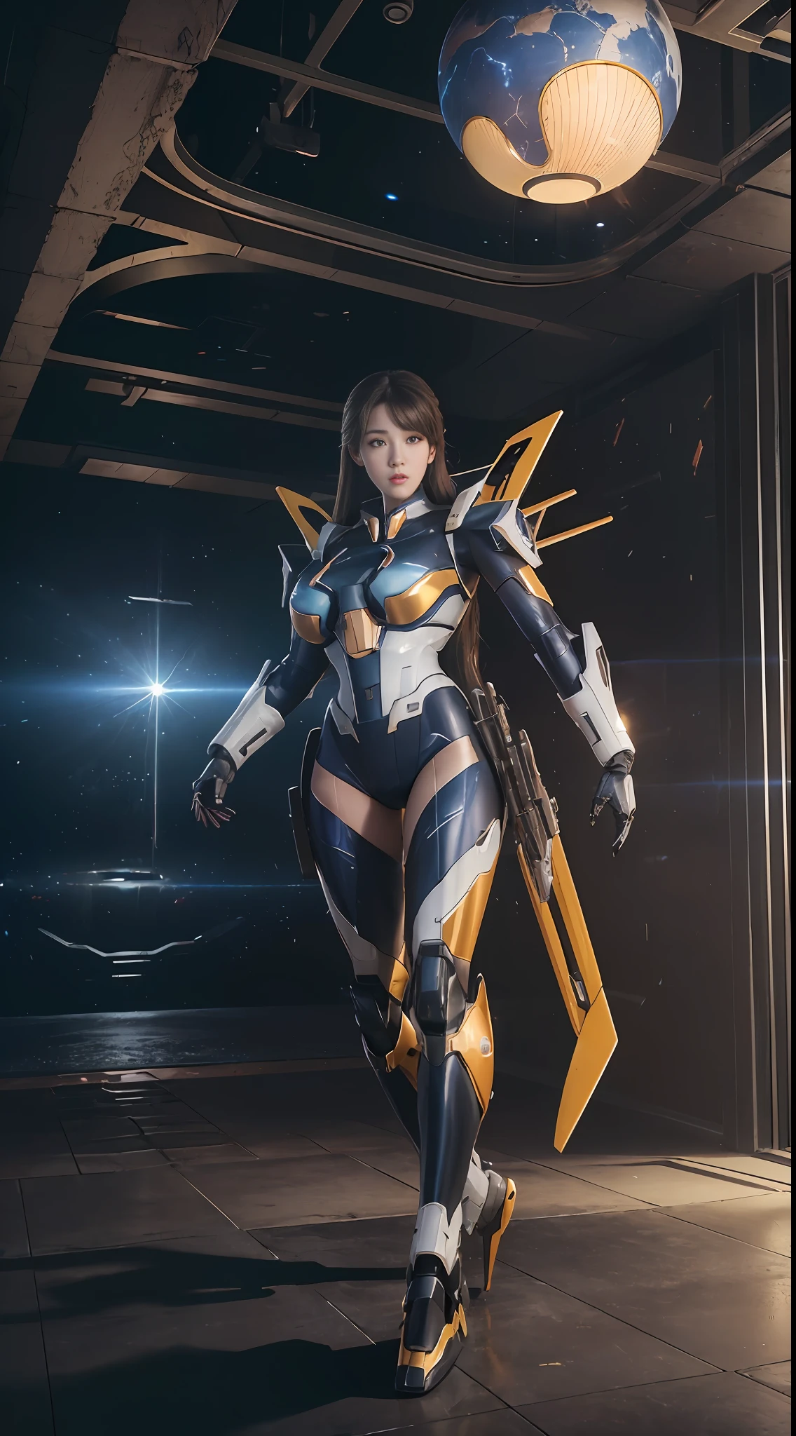 ((Best quality)), ((masterpiece)), (highly detailed:1.3), 3D, beautiful, (cyberpunk:1.2), in space, nebula, holding_weapon, laser, (1Female mecha:1.3),  body, facing the audience, Glowing eyes, full body, (flying, swooping down, dynamic, motion blur: 1.4), (huge mech wings: 1.6), looking up, glowing_eyes, mecha, panorama, background is earth, nebula, space, particles, Reality, HDR (High Dynamic Range), Ray Tracing, NVIDIA RTX, Super Resolution, Unreal 5, Subsurface Scattering, PBR Textures, Post Processing, Anisotropic Filtering, Depth of Field, Maximum Clarity and Clarity, Multilayer Textures, Albedo and Specular maps, Surface shading, accurate simulation of light-material interaction, perfect proportions, Octane Render, two-tone lighting, large aperture, low ISO, white balance, rule of thirds, 8K RAW, efficient sub-pixel, sub-pixel volume product,  (best quality),(Japanese:0.5),(korean:0.8), (Liu Yi Fei:1.5) long hair, (big :1.2)