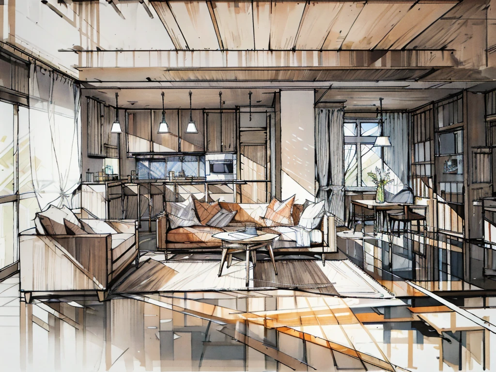a sketch of a beautiful modern living room, (((foster and partners, artists impression, artistic impression, by Hamish MacDonald, by Carey Morris, by David Brewster, higher detailed illustration, by Helen Berman, an illustration, detailed illustration, by Nick Fudge, by Warren Mahy, artist's impression))), a red kitchen cabinet behind the white sofa, with minimal pictures on the wall, linen curtain next to the classroom window, coffee table, modern wood, ceiling with magnetic emissive lighting, white fabric PRB textures, wooden floor PRB texture,